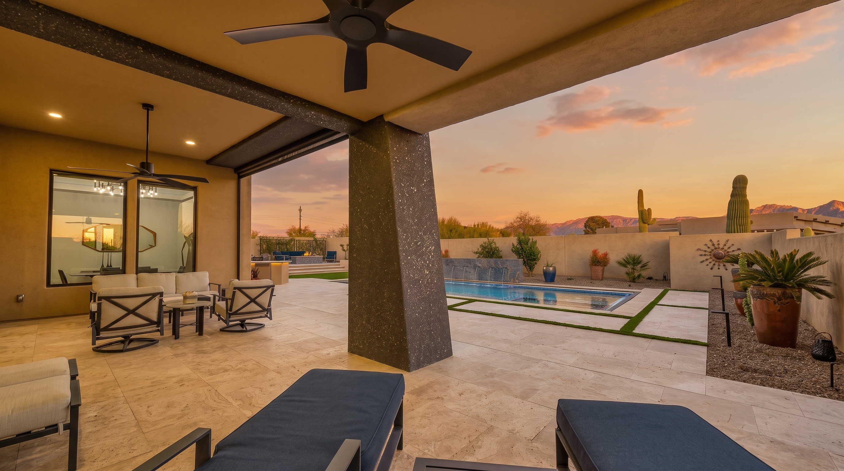 This expansive covered patio offers a seamless transition to an outdoor living space featuring a rectangular swimming pool with a water feature. The area is furnished with comfortable lounge seating and chaise lounges, all set against a backdrop of desert landscaping and distant mountain views at dusk. The design emphasizes indoor-outdoor living with a neutral stone-tiled floor and a prominent, textured structural pillar.