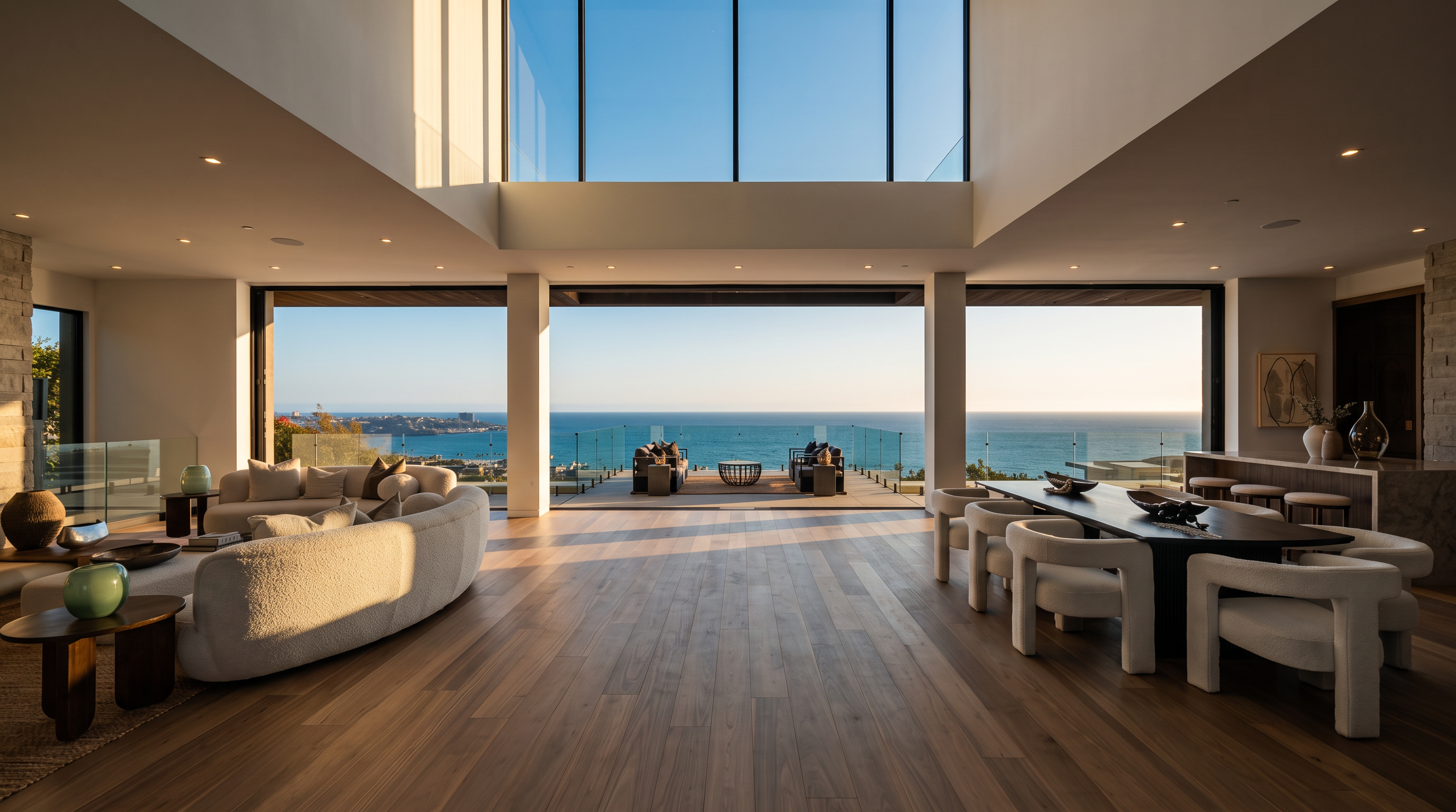 This expansive, open-concept living and dining area features a minimalist aesthetic with light wood flooring and a neutral color palette. The space is defined by massive floor-to-ceiling glass walls that frame a panoramic ocean view, seamlessly connecting the interior to the outdoor terrace. A curved, light-toned sofa and a long dining table anchor the room, creating a sophisticated and airy atmosphere perfect for entertaining.