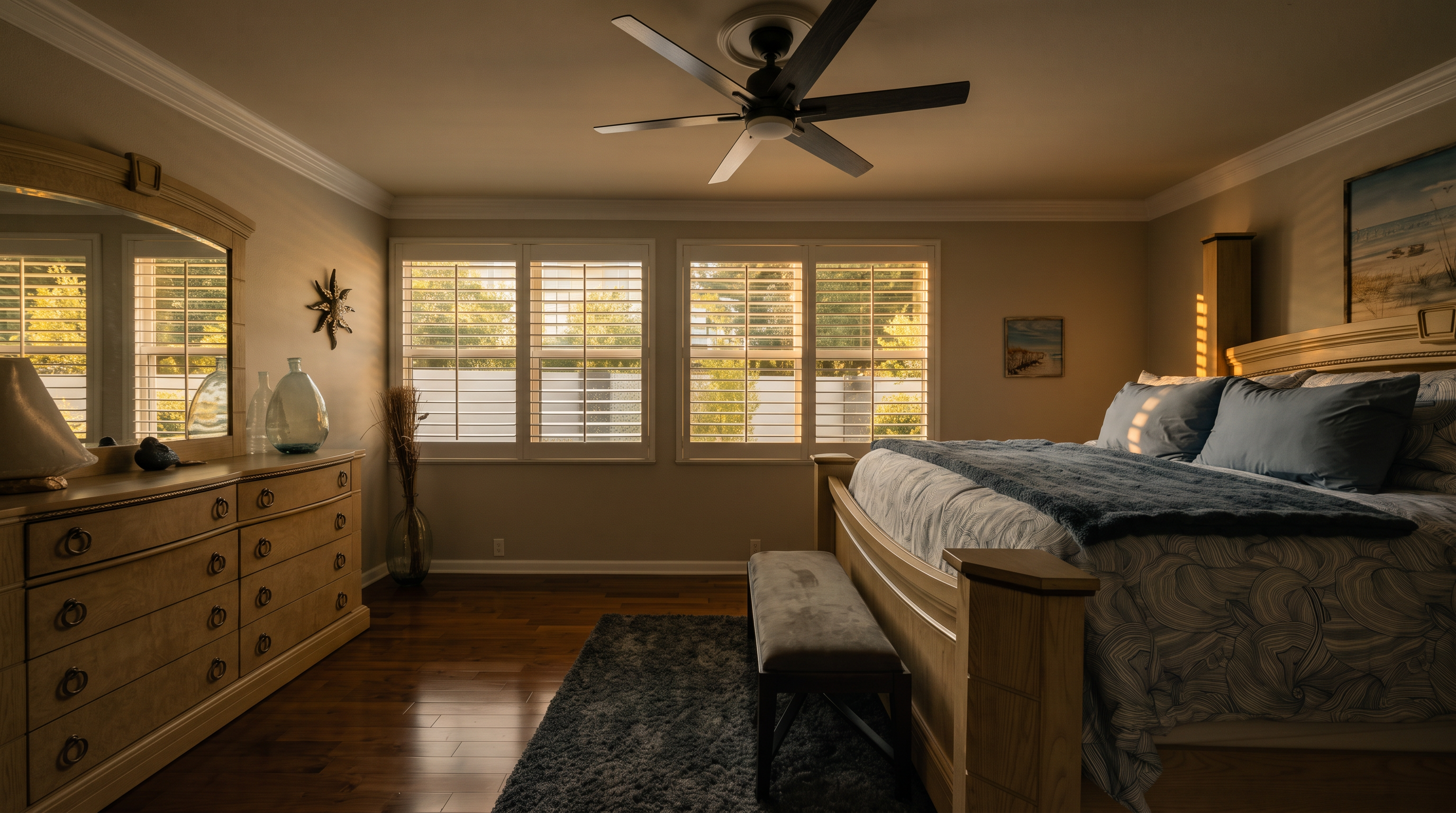 This spacious primary bedroom features warm wood flooring and a large light wood bed frame topped with blue bedding. A matching dresser with a large mirror sits to the left, while a grey area rug anchors the space beneath a bench at the foot of the bed. The room is illuminated by a ceiling fan with integrated lighting and natural light streaming through two sets of plantation-shuttered windows.
