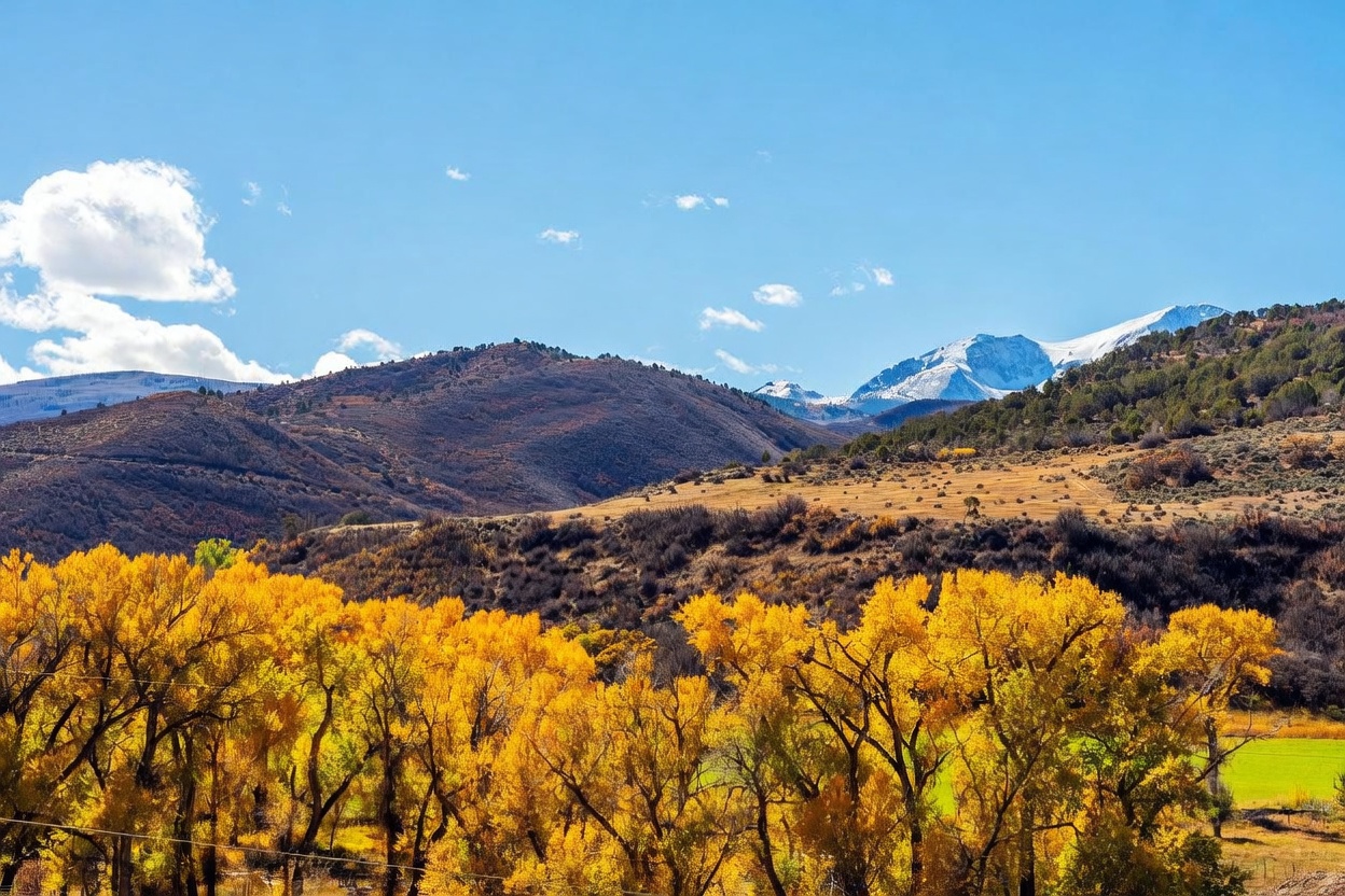 This scenic landscape view captures a vibrant autumn scene with golden-yellow trees in the foreground set against a backdrop of rolling hills and distant, snow-capped mountains. The composition emphasizes the vast, open terrain and the natural beauty of the surrounding environment, suggesting a peaceful and expansive property setting. The perspective is a wide, elevated outdoor shot that highlights the dramatic seasonal colors and the rugged topography of the region.