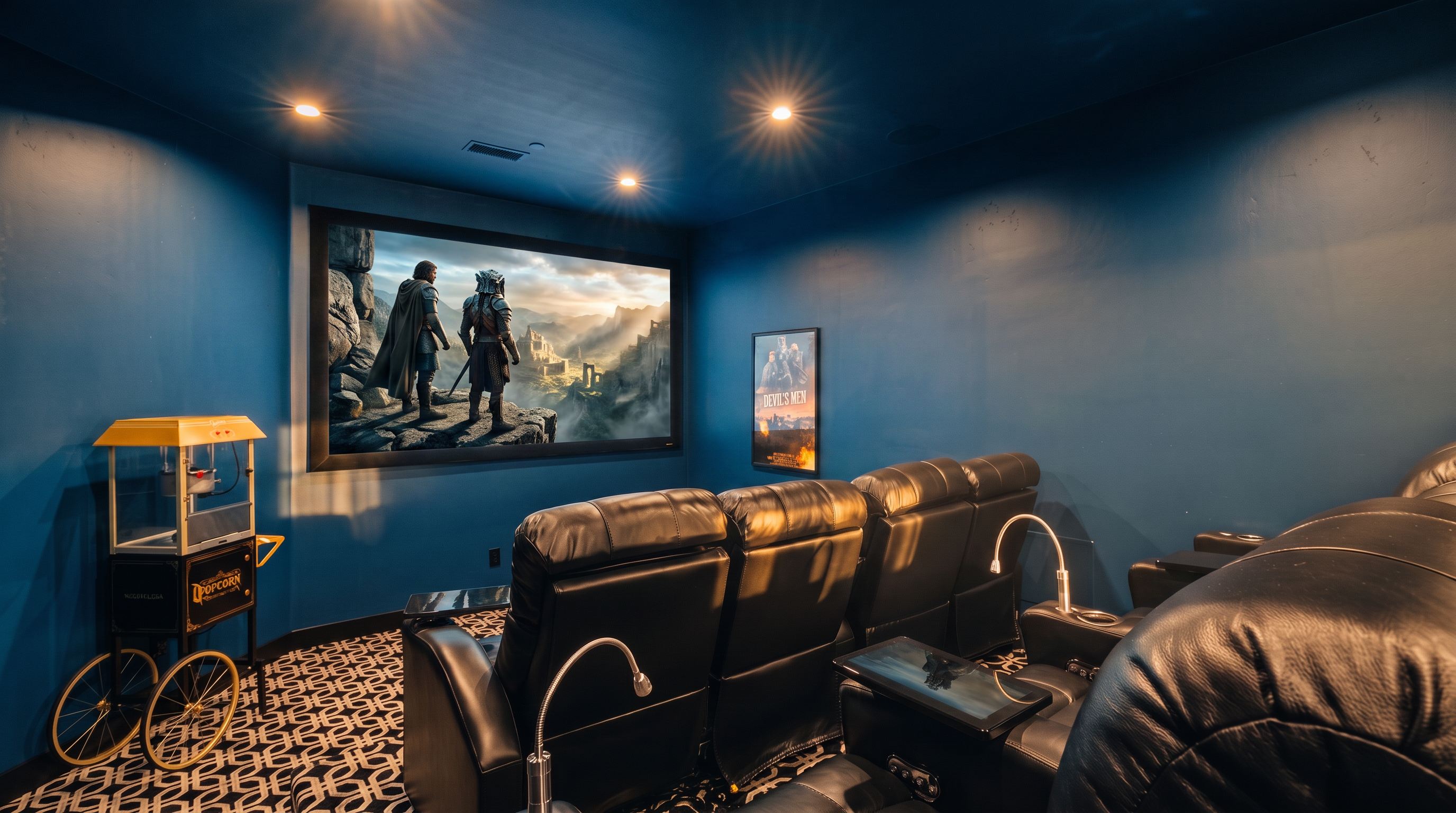 This dedicated home theater room features tiered rows of black leather recliners and a large wall-mounted projector screen. The space is accented by vibrant blue walls, patterned carpeting, and a nostalgic popcorn cart, creating an immersive cinematic experience. A ceiling-mounted projector completes the setup, making it an ideal entertainment area for movie enthusiasts.