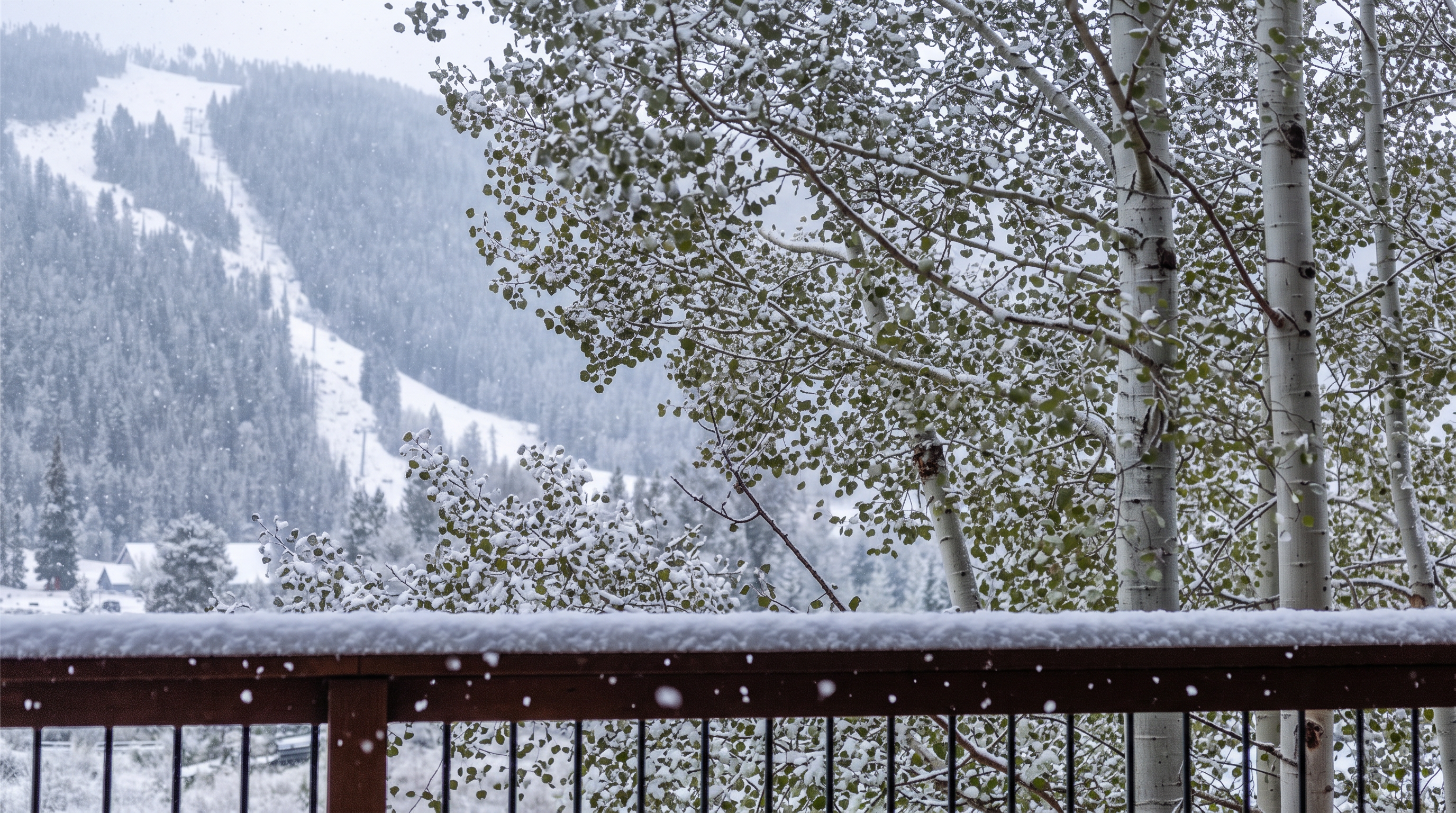 This image shows a scenic view of a snowy landscape from a wooden balcony. The foreground features a railing covered in a dusting of snow, while the background showcases aspen trees and a distant mountainside likely belonging to a ski resort. The atmosphere is peaceful and wintry, highlighting the property's prime location for mountain living.