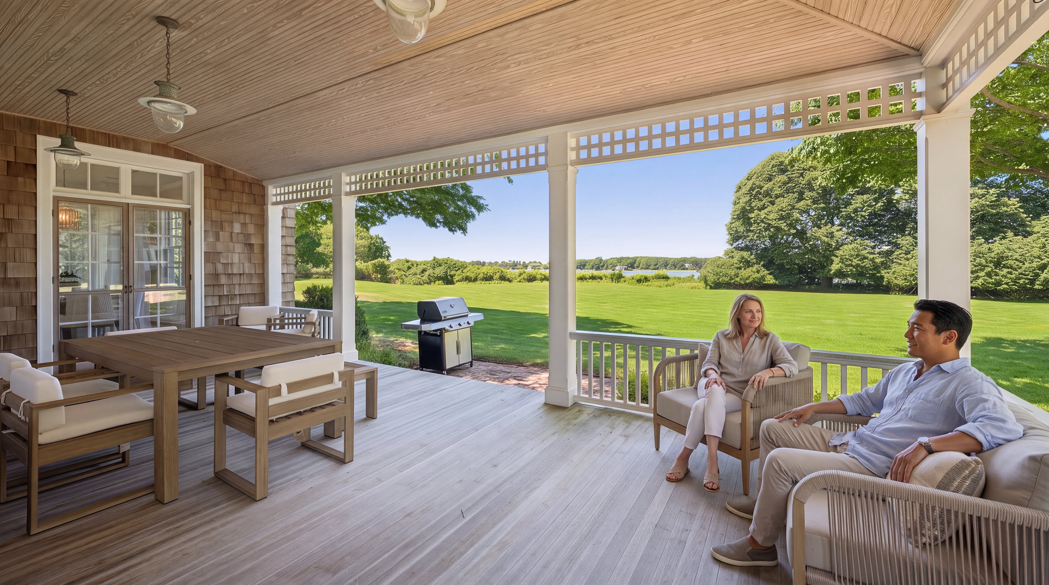 This spacious, covered porch offers a serene living space with comfortable outdoor seating and dining furniture. It features high-quality wooden decking, a natural wood ceiling, and an unobstructed view of a vast, tranquil lawn leading toward a body of water. The setting is ideal for relaxation or entertaining, characterized by its bright, open, and inviting architectural style.