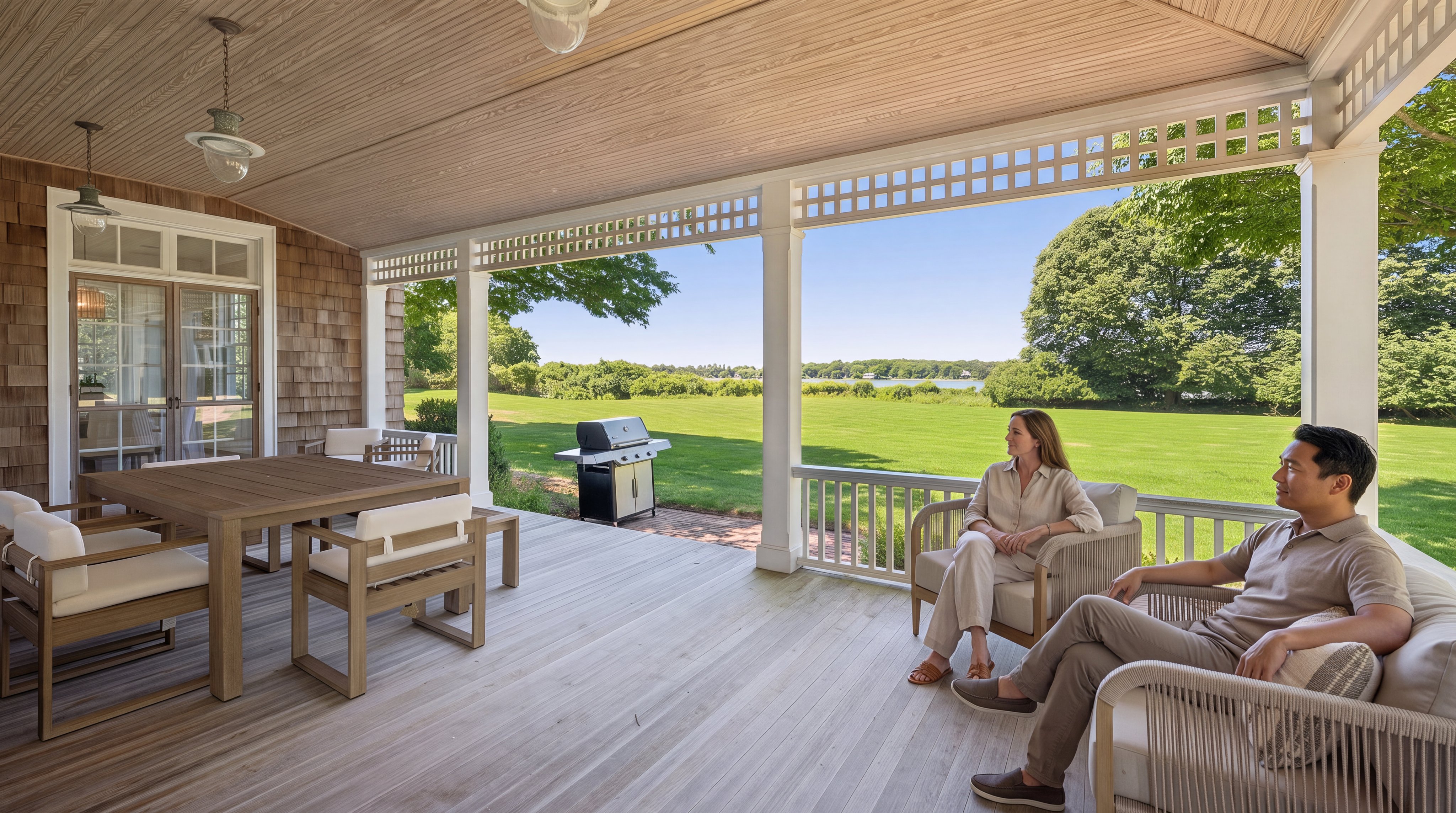 This spacious, covered porch features natural wood decking and a clean, traditional architectural style with white railings and columns. It offers a comfortable outdoor living area with contemporary dining and lounge furniture overlooking a expansive, well-maintained lawn and scenic water views. The bright, open design makes it an ideal space for relaxation and entertaining, seamlessly blending indoor comfort with outdoor beauty.