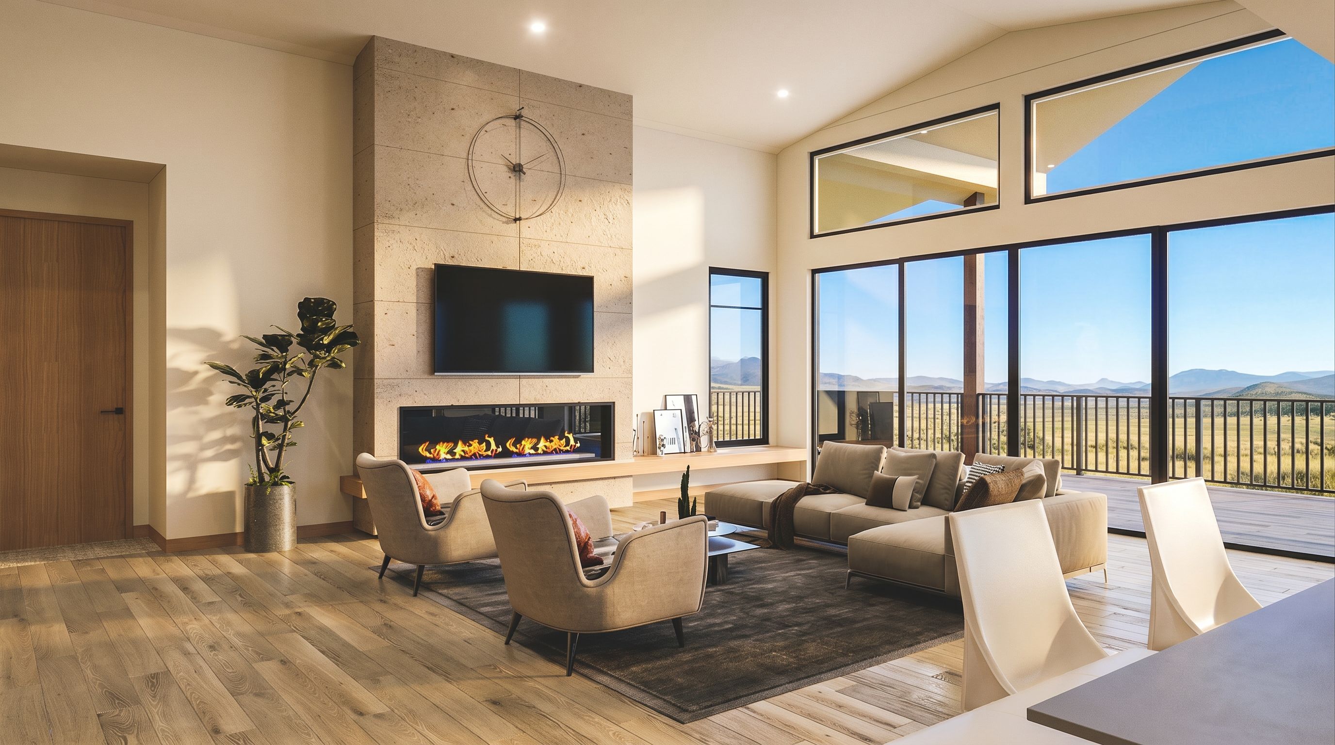 This spacious living room features a contemporary design with a prominent stone-clad chimney breast housing a linear fireplace and a wall-mounted television. A large sectional sofa and two armchairs are arranged on a dark area rug, creating a comfortable seating area that faces the fireplace and the expansive windows. The room is bathed in natural light, highlighting the light wood flooring and the scenic mountain views visible through the large glass panels.