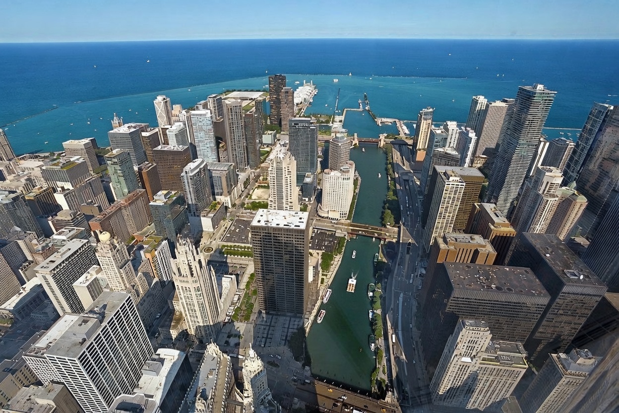 This high-altitude aerial perspective captures a dense urban cityscape centered around a winding river that flows toward a vast body of water. The scene is defined by a collection of skyscrapers with diverse architectural styles, ranging from historic masonry to modern glass-clad towers. The composition provides a comprehensive view of the metropolitan layout, highlighting the proximity of the urban core to the waterfront.