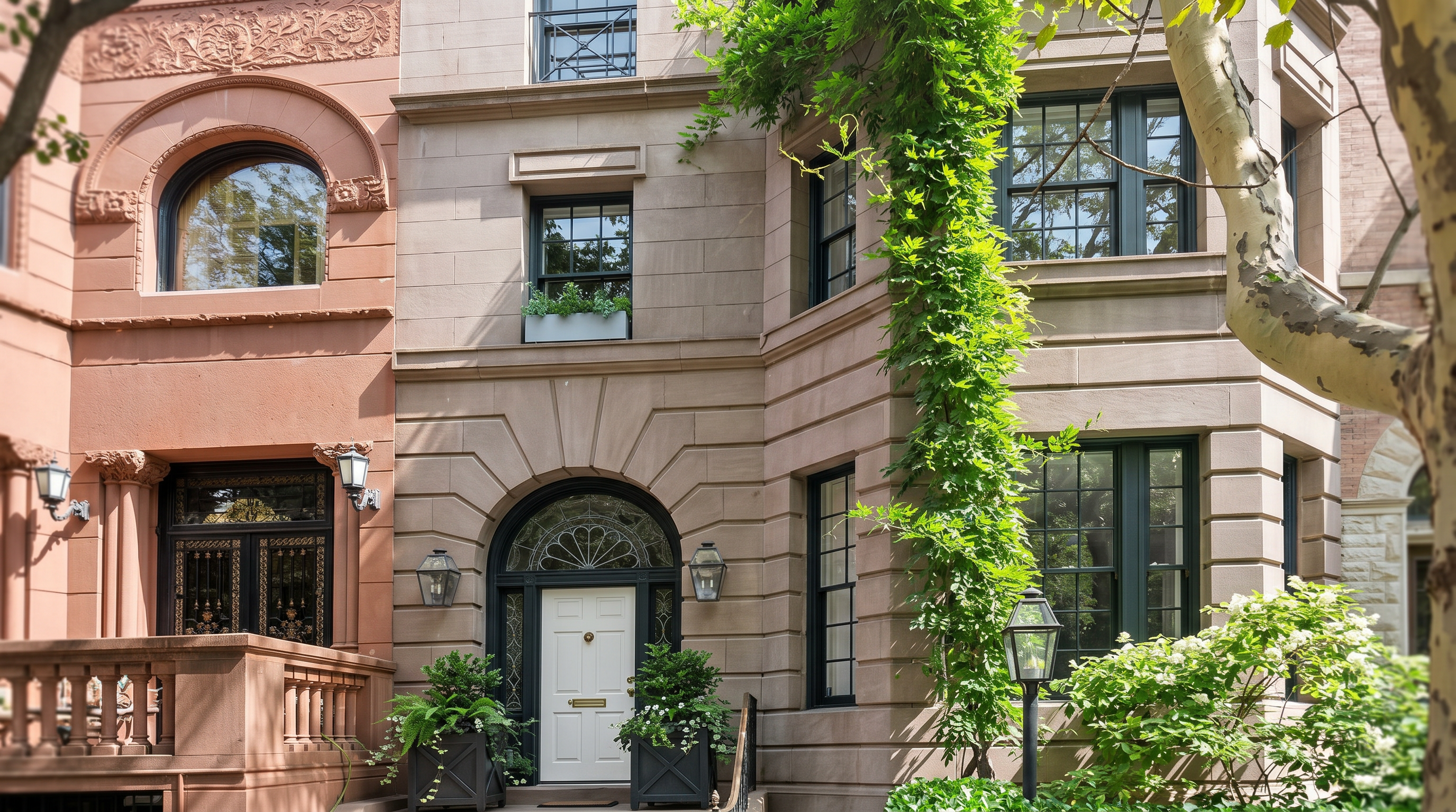This elegant, multi-story townhouse features a classic limestone facade with intricate architectural detailing and a prominent arched entryway. A set of stone steps leads up to a white front door, flanked by lush greenery and climbing vines that add a touch of natural charm to the urban setting. The perspective is a low-angle, eye-level shot that emphasizes the height and sophisticated character of the historic building.