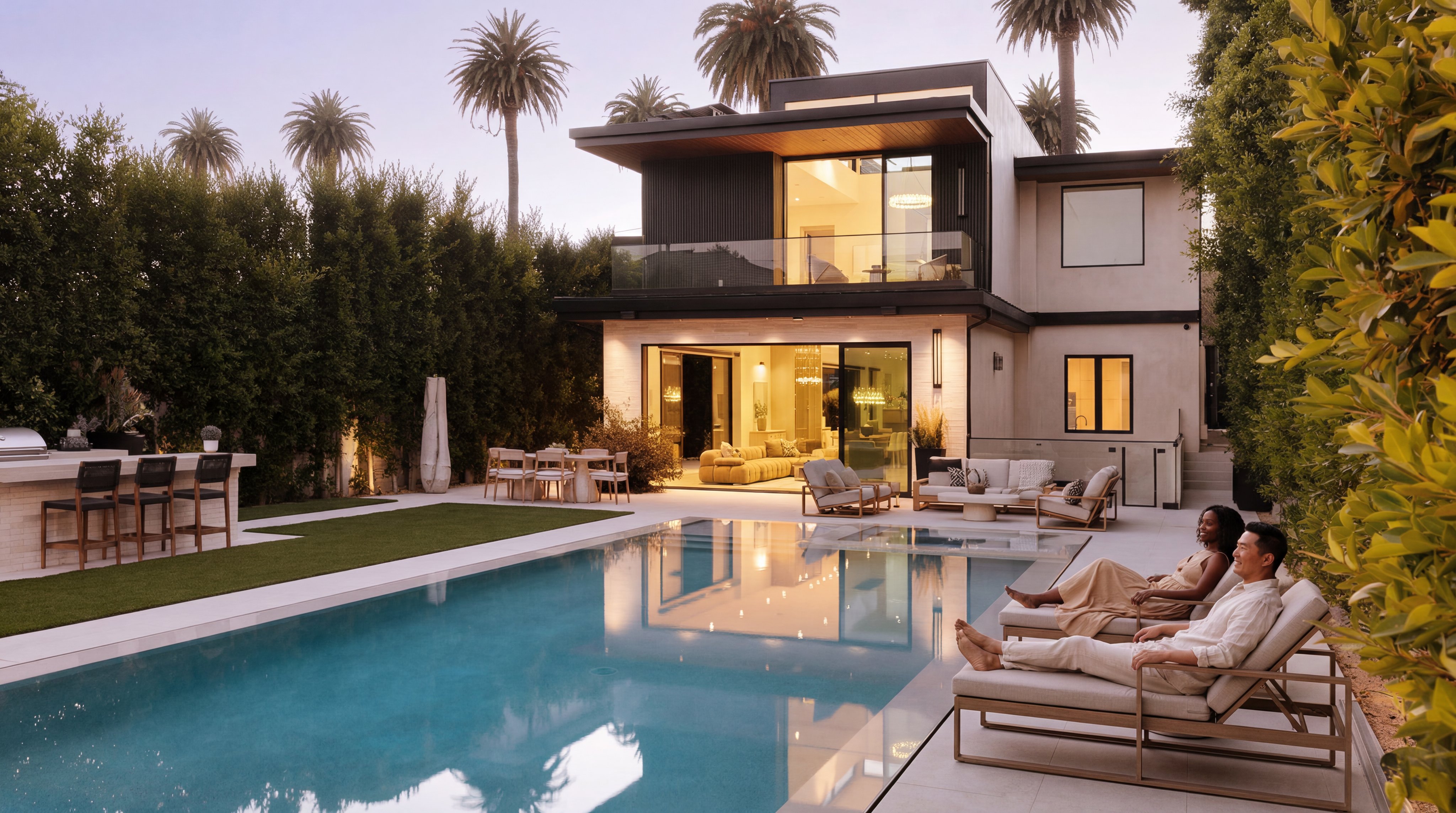 This stunning contemporary residence features a seamless indoor-outdoor flow with a sprawling backyard, sparkling pool, and integrated lounge areas. The multi-level architecture boasts modern clean lines and warm ambient lighting, perfect for evening entertainment. With mature palm trees, professional landscaping, and a well-appointed outdoor kitchen, the space delivers a luxury resort-like atmosphere.