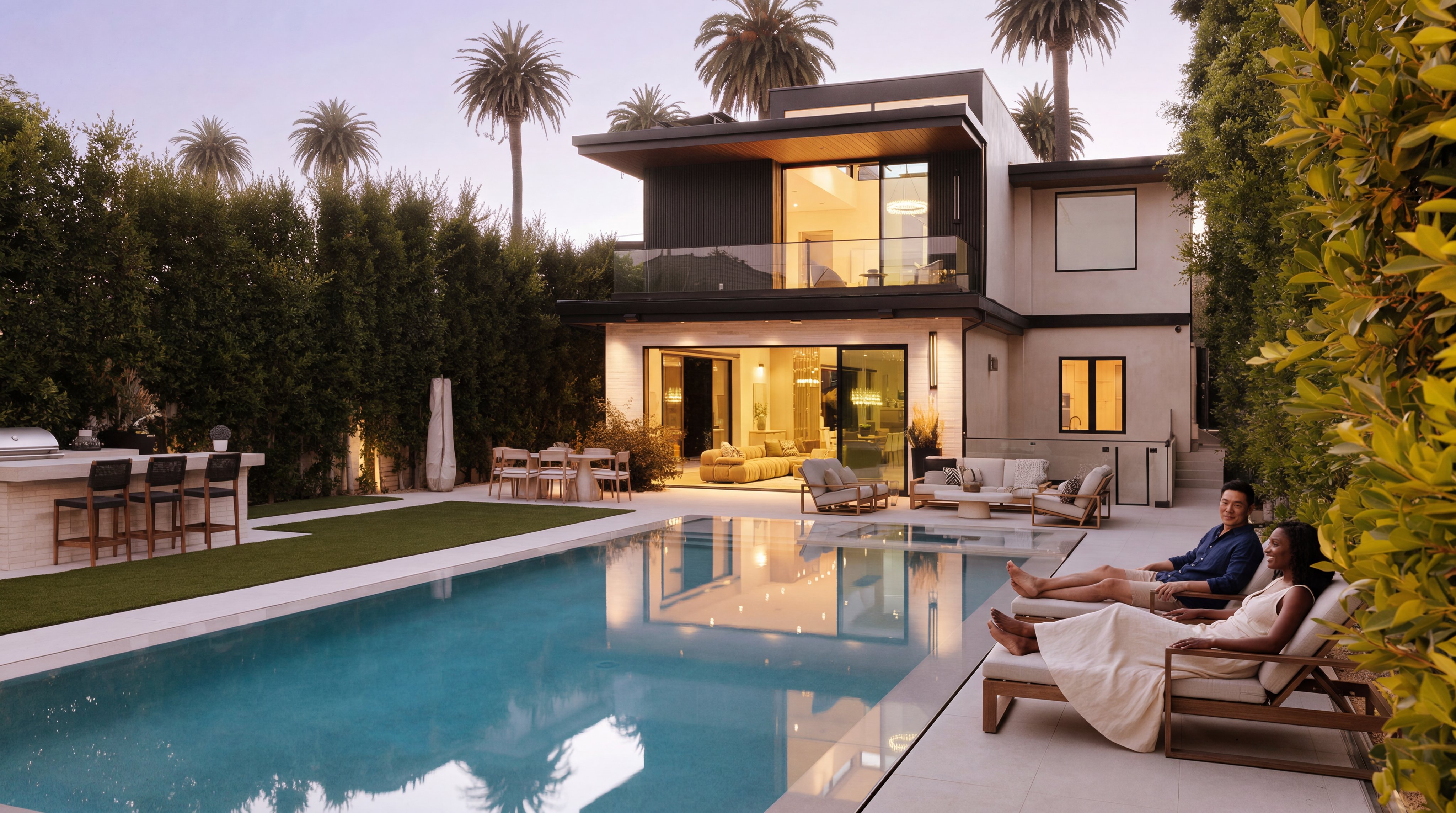 This stunning contemporary residence showcases a seamless integration between indoor and outdoor living with a sparkling rectangular swimming pool as the centerpiece of the patio. The backyard features an integrated outdoor kitchen, a spacious lounge area, and a lush, manicured landscape that transitions beautifully into the modern architecture. It provides an inviting, high-end atmosphere perfect for entertaining and relaxation.