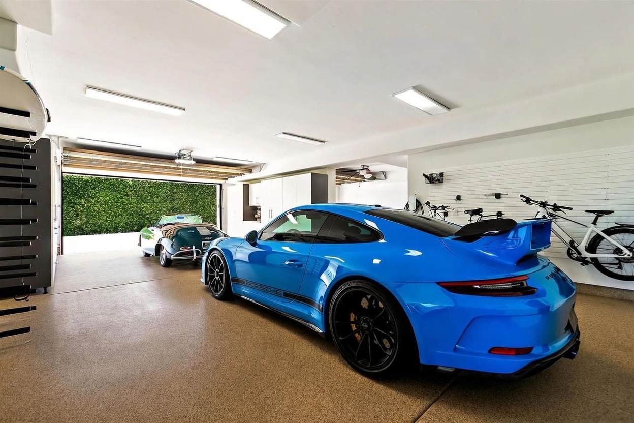 This spacious, well-lit garage features a pristine epoxy-coated floor and white walls, creating a clean and professional aesthetic. The space houses a vibrant blue sports car in the foreground and a classic green convertible parked near the open garage door, which reveals a lush green hedge outside. The garage is equipped with wall-mounted storage systems and bicycles, highlighting its versatility as both a vehicle storage area and a functional workspace.