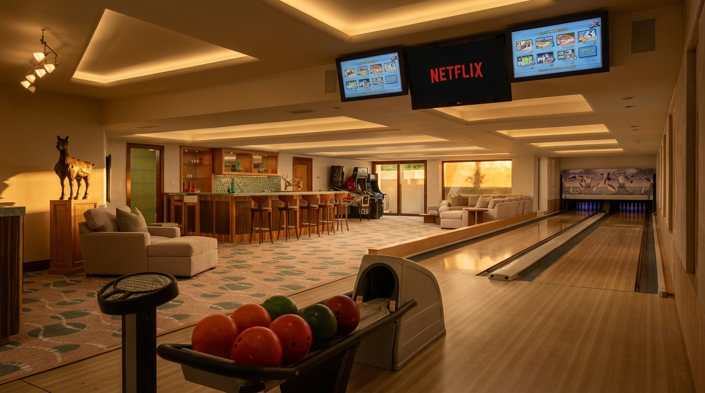 This expansive basement entertainment area features a private two-lane bowling alley as its centerpiece, complete with a ball return and scoring monitors. The room includes a full bar with stools, a lounge area with comfortable seating, and arcade games, creating a comprehensive recreational space. The design incorporates recessed lighting, patterned carpeting, and a neutral color palette, offering a luxurious and high-end atmosphere for hosting guests.