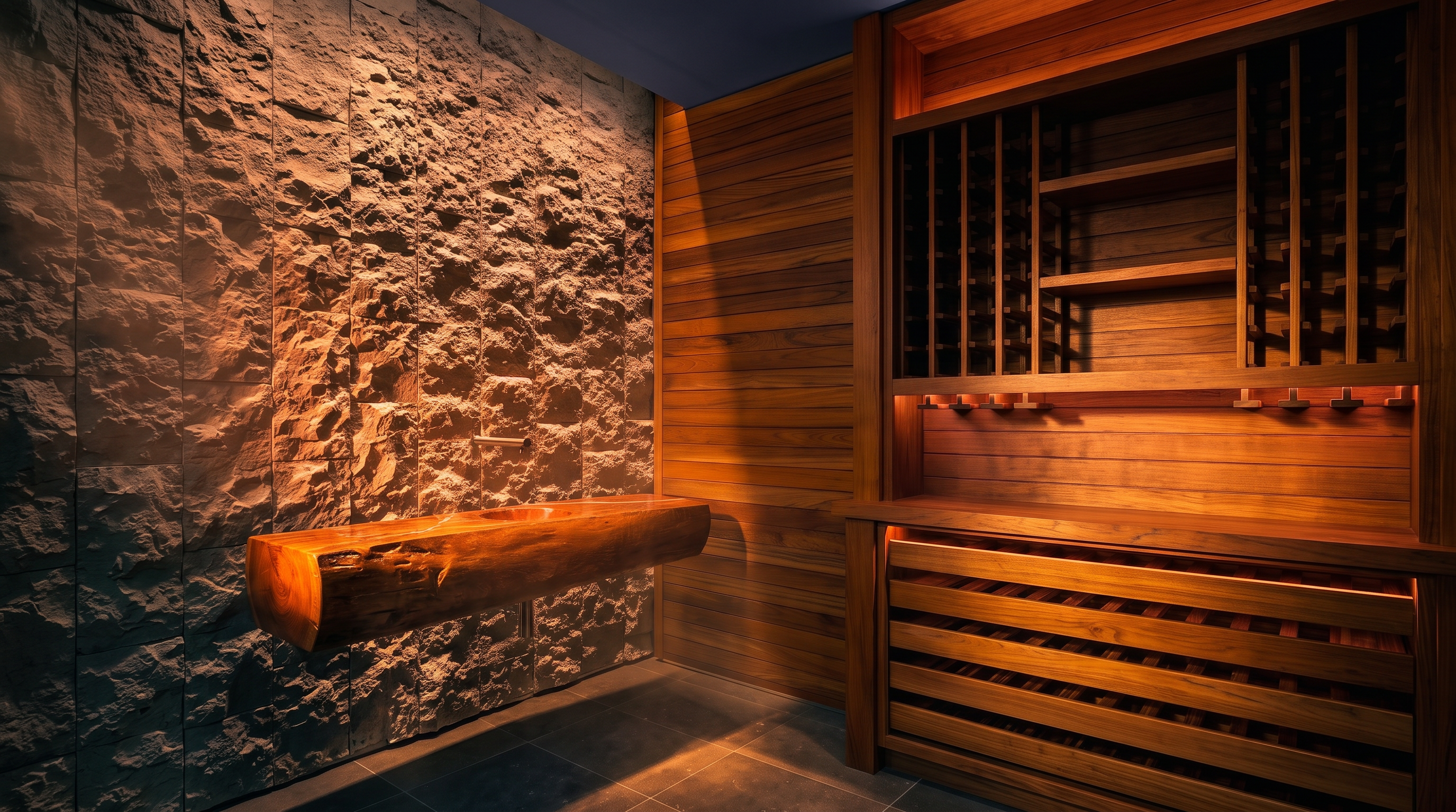 This sophisticated wine cellar features a striking live-edge wood vanity sink mounted against a textured, rough-hewn stone wall. To the right, custom wood cabinetry provides integrated wine storage with warm, recessed accent lighting that highlights the natural grain of the wood. The space combines rustic, organic textures with refined craftsmanship to create an intimate and luxurious atmosphere.