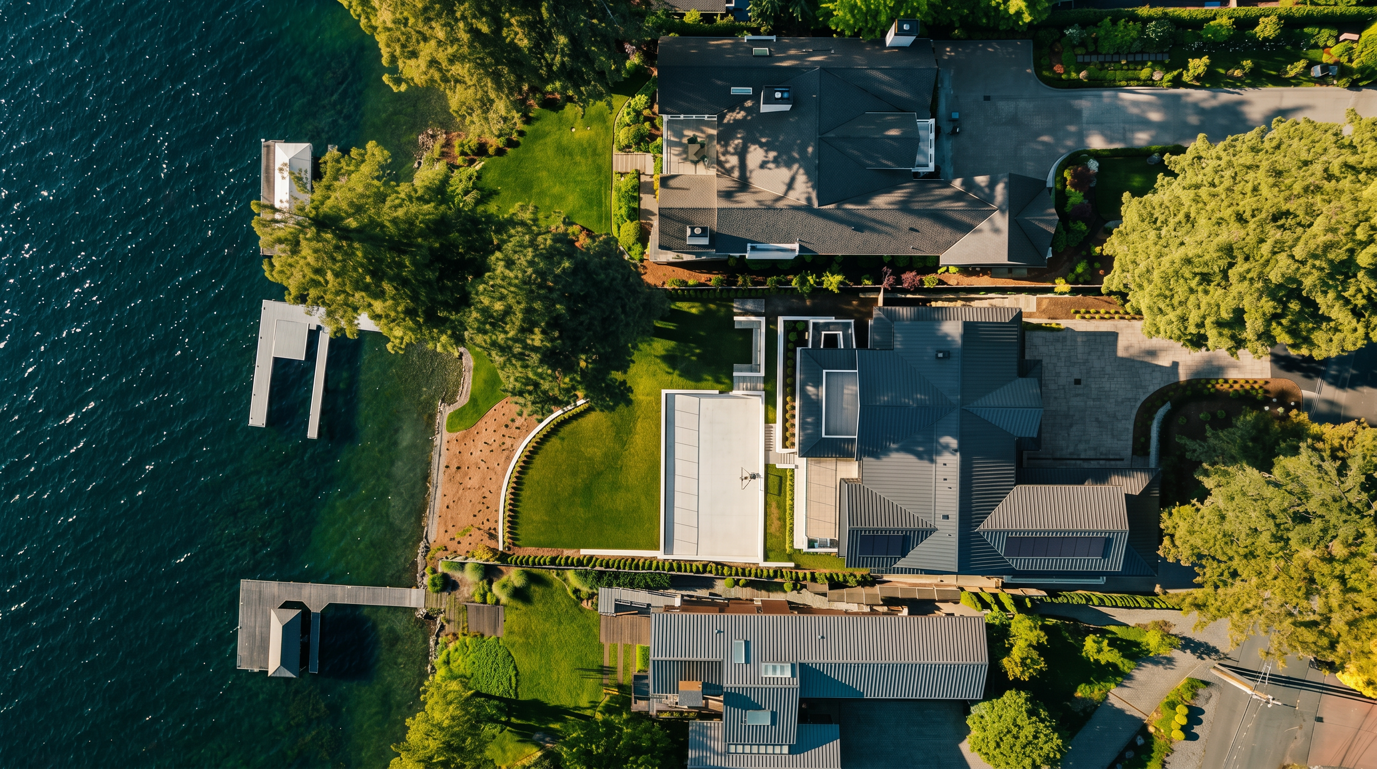 This high-angle aerial view captures a cluster of luxury waterfront properties along a deep blue lake. The scene highlights expansive homes with dark metal roofing, manicured green lawns, and private wooden docks extending into the water. The perspective emphasizes the prime location and the seamless integration of high-end residential architecture with the natural shoreline.