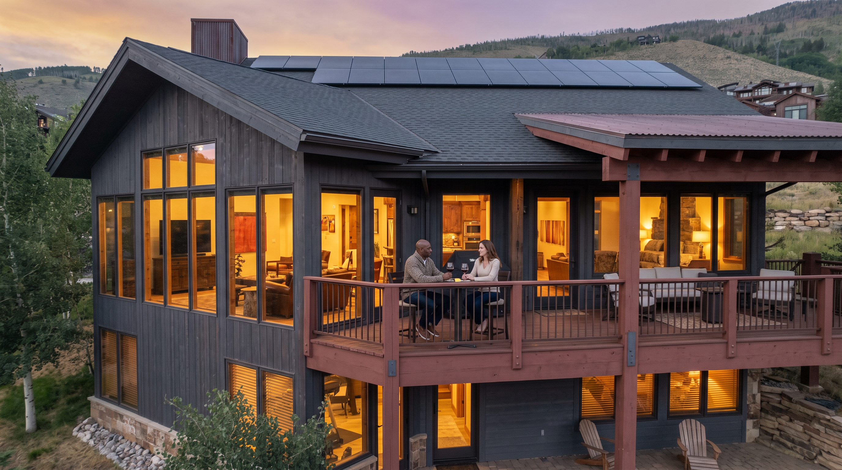 This stunning contemporary mountain home features a sophisticated dark exterior siding, a multi-level deck, and integrated solar panels on the roof. The rear facade showcases expansive floor-to-ceiling windows that offer warm interior lighting, creating an inviting and luxurious atmosphere. The home is perfectly situated in a scenic hillside setting, blending modern design with the natural surroundings for a picturesque retreat.
