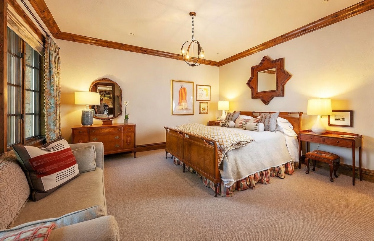 This primary bedroom features a warm, traditional aesthetic with light-toned walls, wood trim, and neutral carpeting. The room is anchored by a wooden bed frame with a patterned quilt, flanked by matching bedside tables with lamps, and includes a separate dresser with a mirror and a cozy seating area in the foreground. Large windows with patterned curtains allow natural light to fill the space, creating a comfortable and inviting atmosphere.