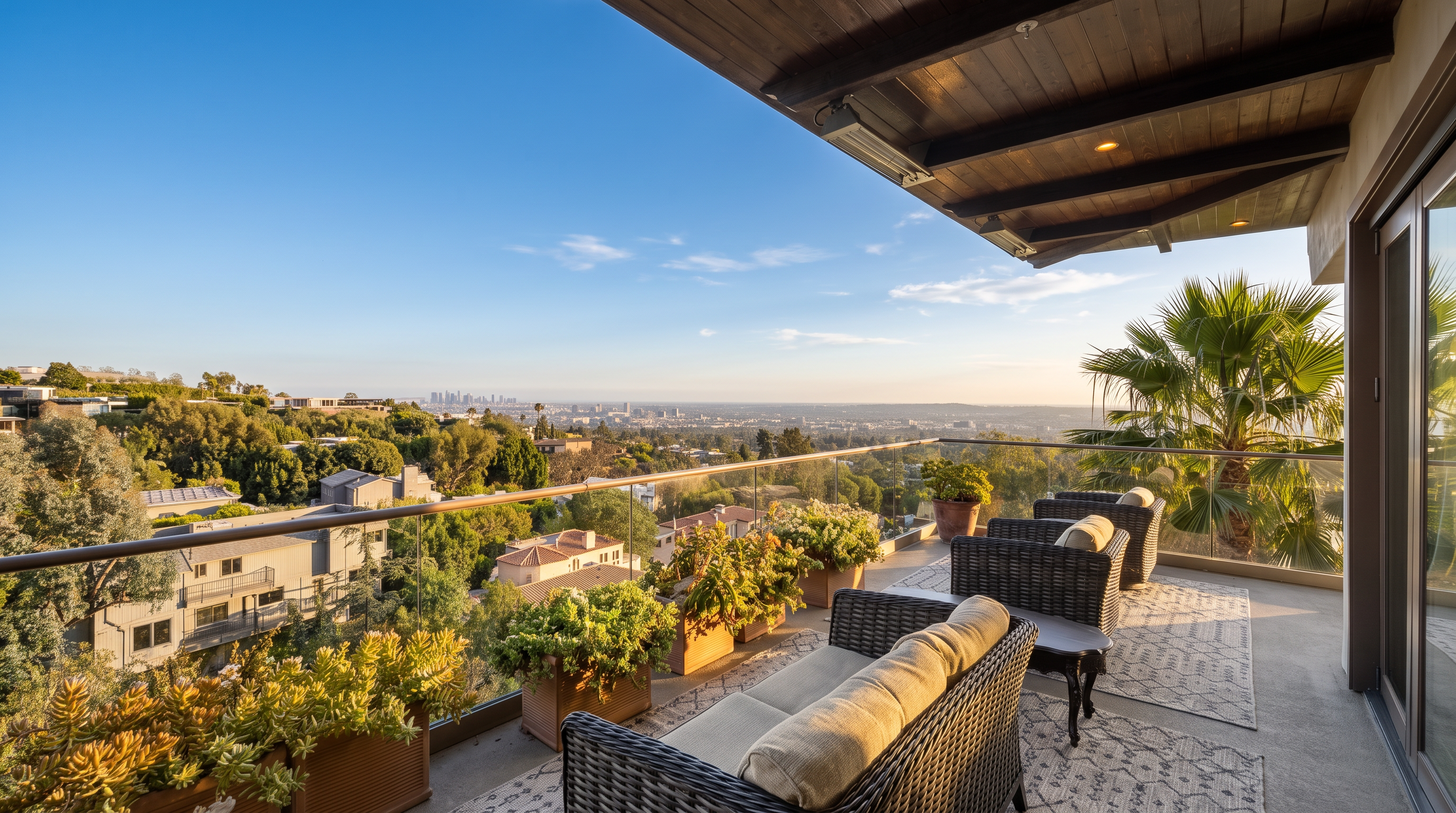 This elevated balcony offers a panoramic view of the surrounding hills and distant city skyline under a clear blue sky. The space is furnished with comfortable outdoor seating, including a sofa and armchairs arranged on patterned rugs, and is lined with numerous potted plants along the glass railing. A wooden ceiling with integrated lighting and heaters provides a sheltered, inviting atmosphere for outdoor relaxation.