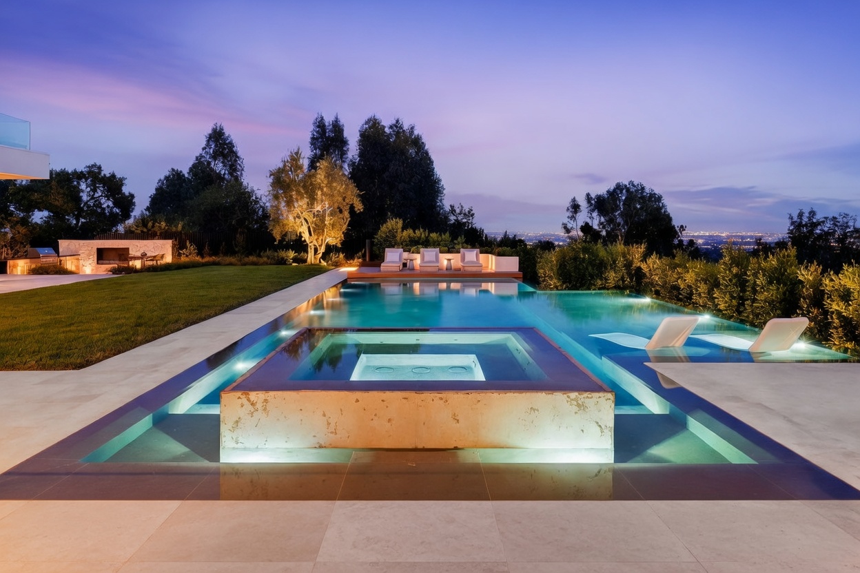 This stunning infinity-edge pool and integrated spa serve as the focal point of a luxurious outdoor living space at twilight. The scene features submerged lounge chairs, a sleek stone-clad spa structure, and a manicured lawn adjacent to a modern outdoor seating area. The composition captures a panoramic view of the distant city lights under a vibrant, clear evening sky.