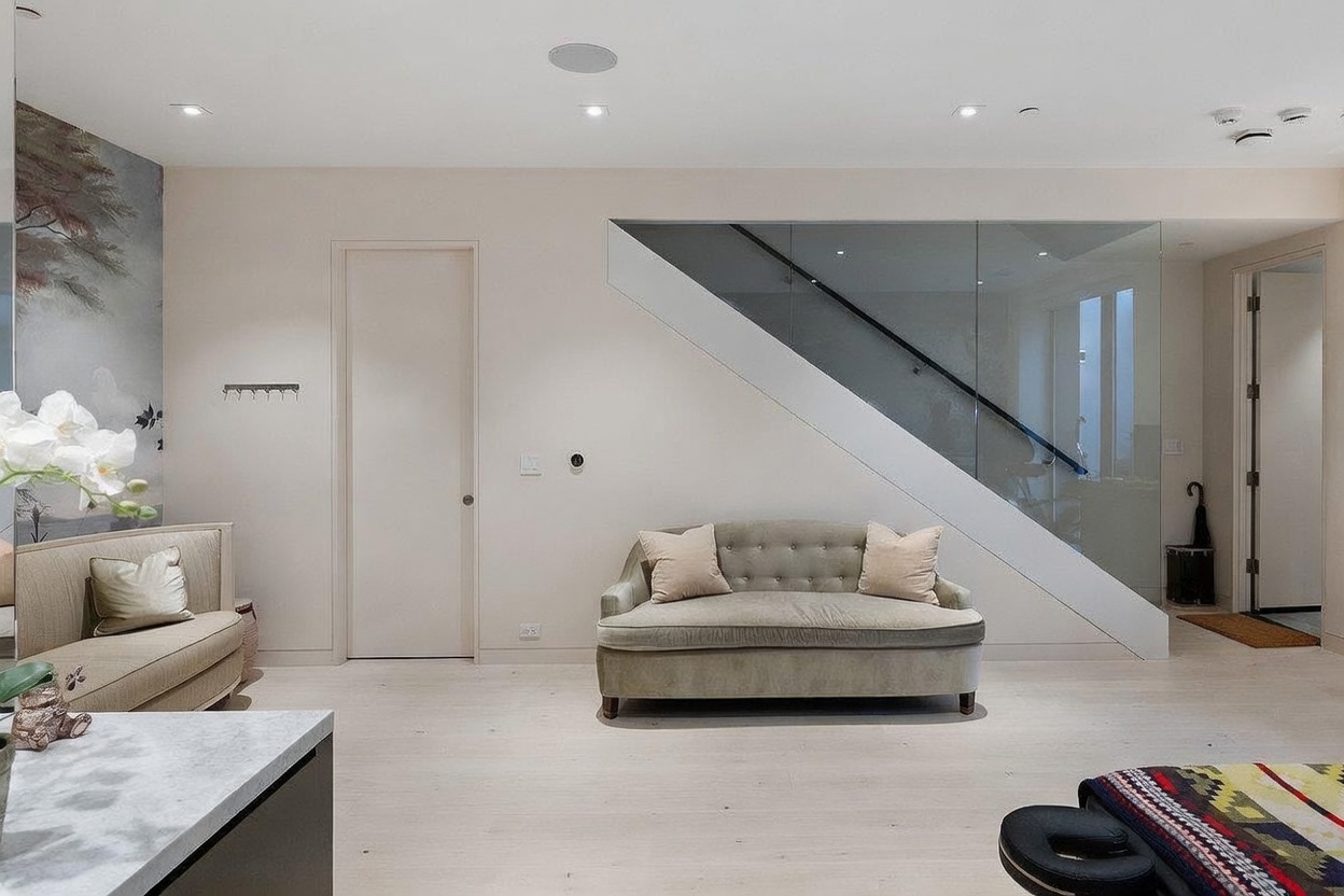 This contemporary living space features light-toned wood flooring and a neutral color palette, creating an airy and sophisticated atmosphere. A tufted velvet sofa sits prominently in the center, positioned against a glass-railed staircase that adds a modern architectural element to the room. To the left, a smaller curved sofa and a decorative wall mural provide a touch of elegance, while recessed lighting illuminates the clean, minimalist design.