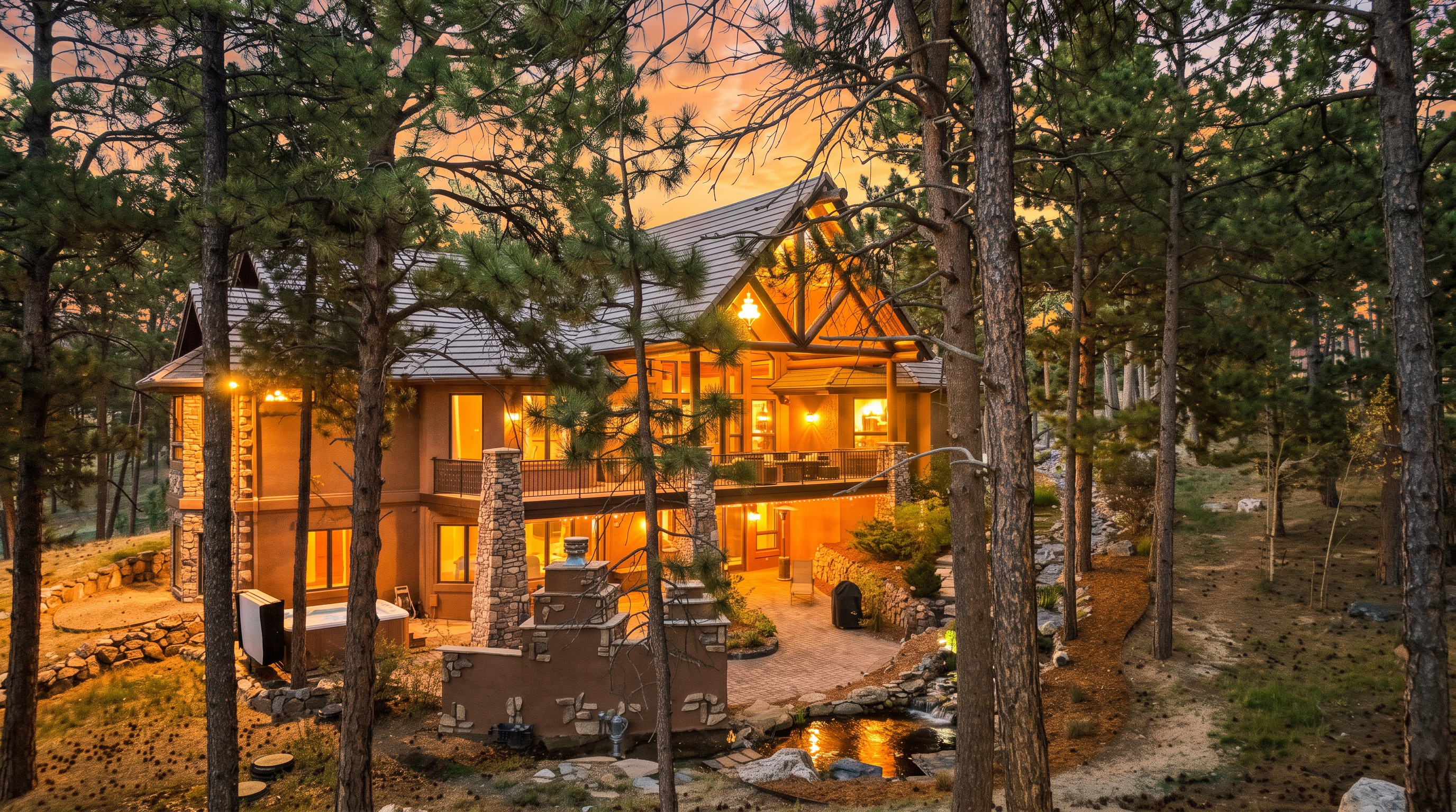 This elevated perspective captures the rear of a rustic mountain-style home nestled within a dense pine forest at dusk. The multi-level residence features a spacious upper deck with iron railings and a lower stone-paved patio complete with a hot tub, a stone-clad chimney breast, and a small water feature. Warm interior lighting glows through the large windows, creating an inviting atmosphere against the soft colors of the twilight sky.