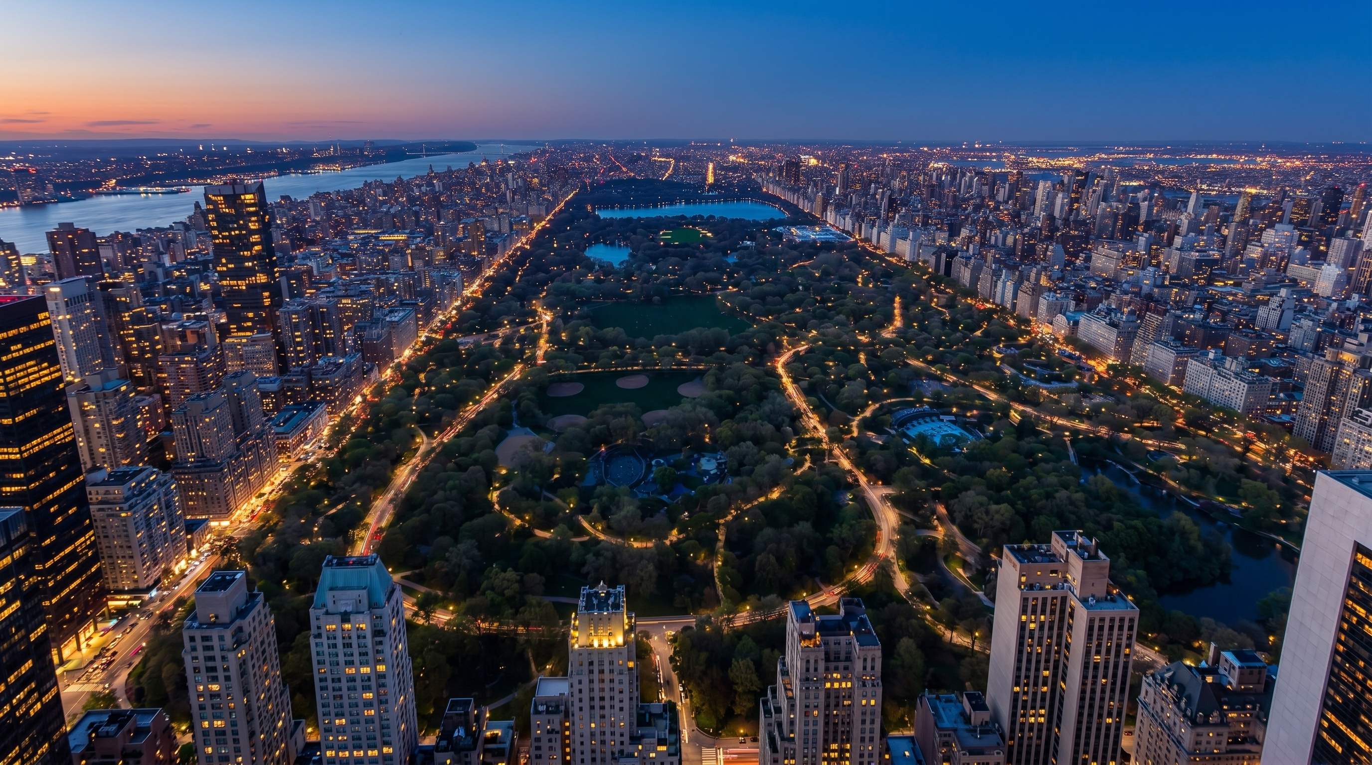 This high-altitude aerial perspective captures the expansive greenery of Central Park in New York City, framed by dense urban development on both sides. The image showcases the park's winding pathways, baseball diamonds, and water features, providing a clear sense of the iconic location's scale and proximity to high-rise residential architecture. The bright, clear daylight highlights the contrast between the lush park landscape and the surrounding concrete cityscape.