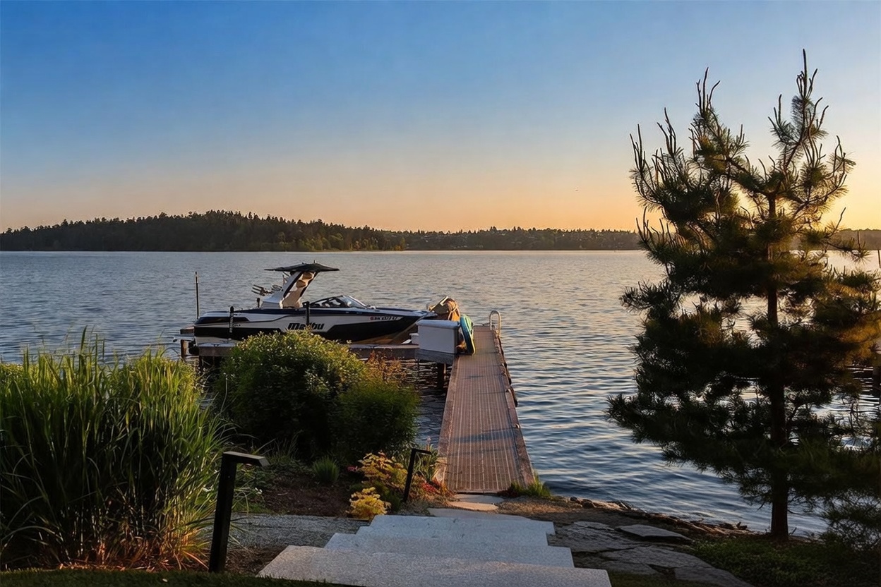 This scenic outdoor view captures a private dock extending into a calm lake at sunset, featuring a sleek motorboat moored alongside. The foreground includes a landscaped path with lush greenery and tall grasses leading down to the water, framed by a prominent evergreen tree on the right. The warm, golden light of the setting sun creates a serene and inviting atmosphere, highlighting the property's direct waterfront access.
