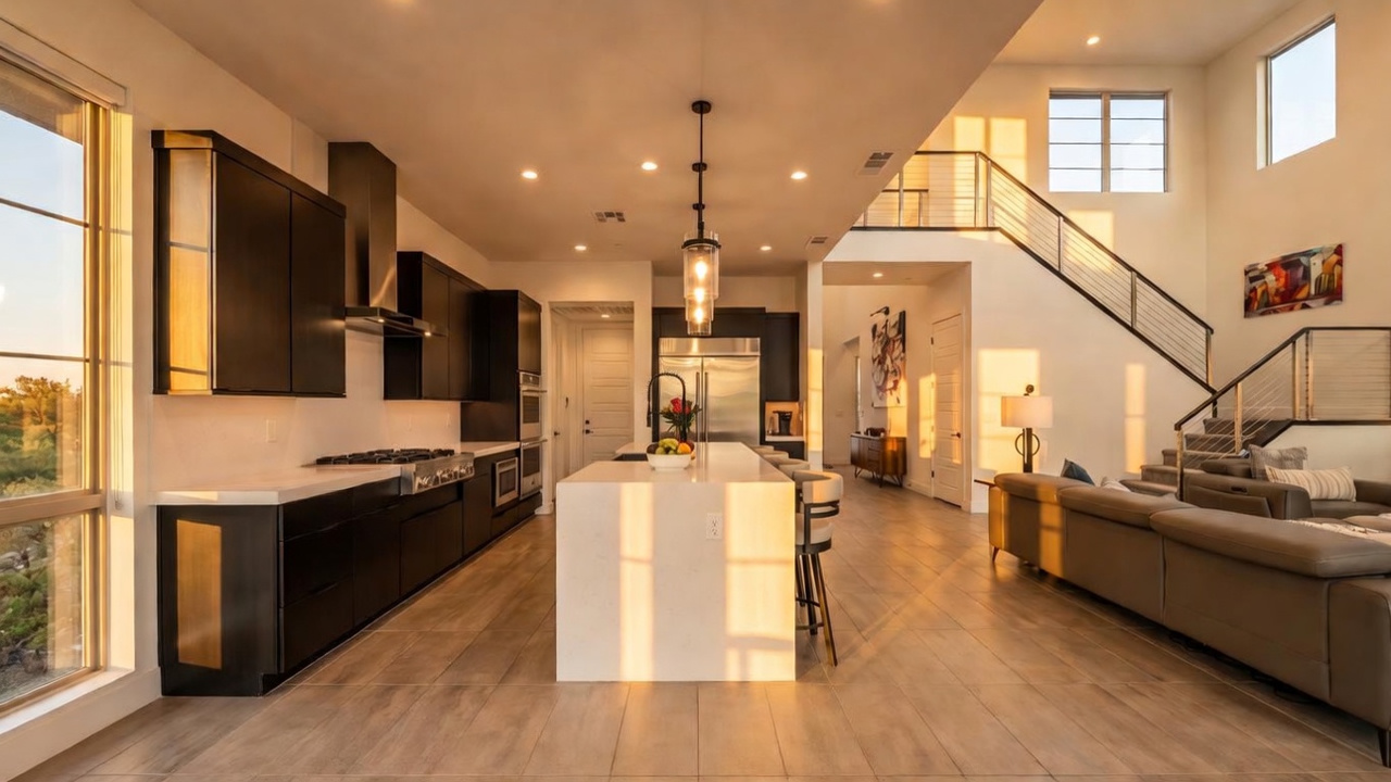 This open-concept kitchen features sleek black cabinetry paired with a large white central island, creating a high-contrast, modern aesthetic. The space flows seamlessly into a living area with a staircase, emphasizing an airy, expansive layout with tall windows that invite natural light. The neutral tile flooring and minimalist design elements contribute to a sophisticated and contemporary atmosphere.