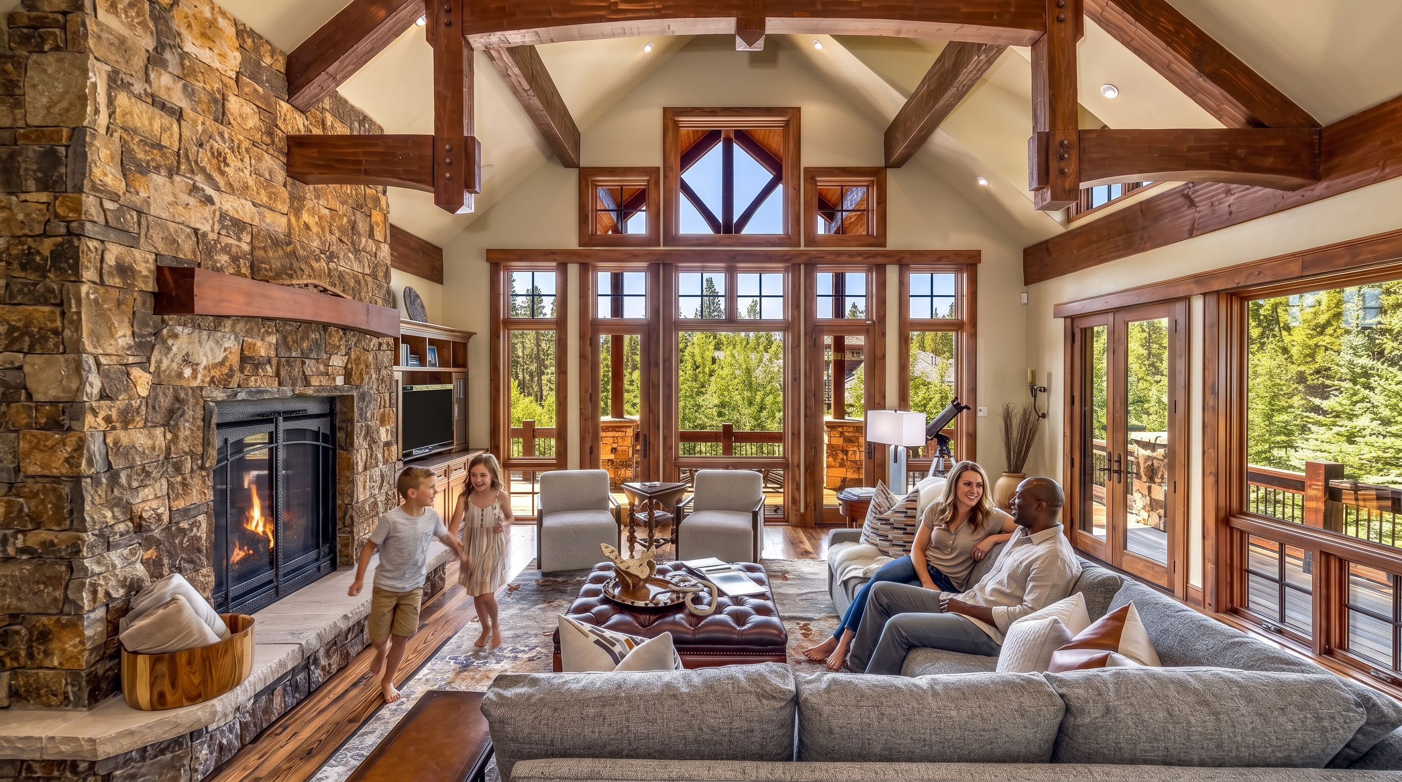 This spacious, high-ceilinged living room features rustic timber framing, an impressive floor-to-ceiling stone fireplace, and expansive windows that offer beautiful forest views. The room is warmly furnished with a large sectional sofa, leather ottoman, and comfortable armchairs, creating an inviting space for family relaxation. Natural light floods the open layout, enhancing the sophisticated yet cozy lodge-style atmosphere.