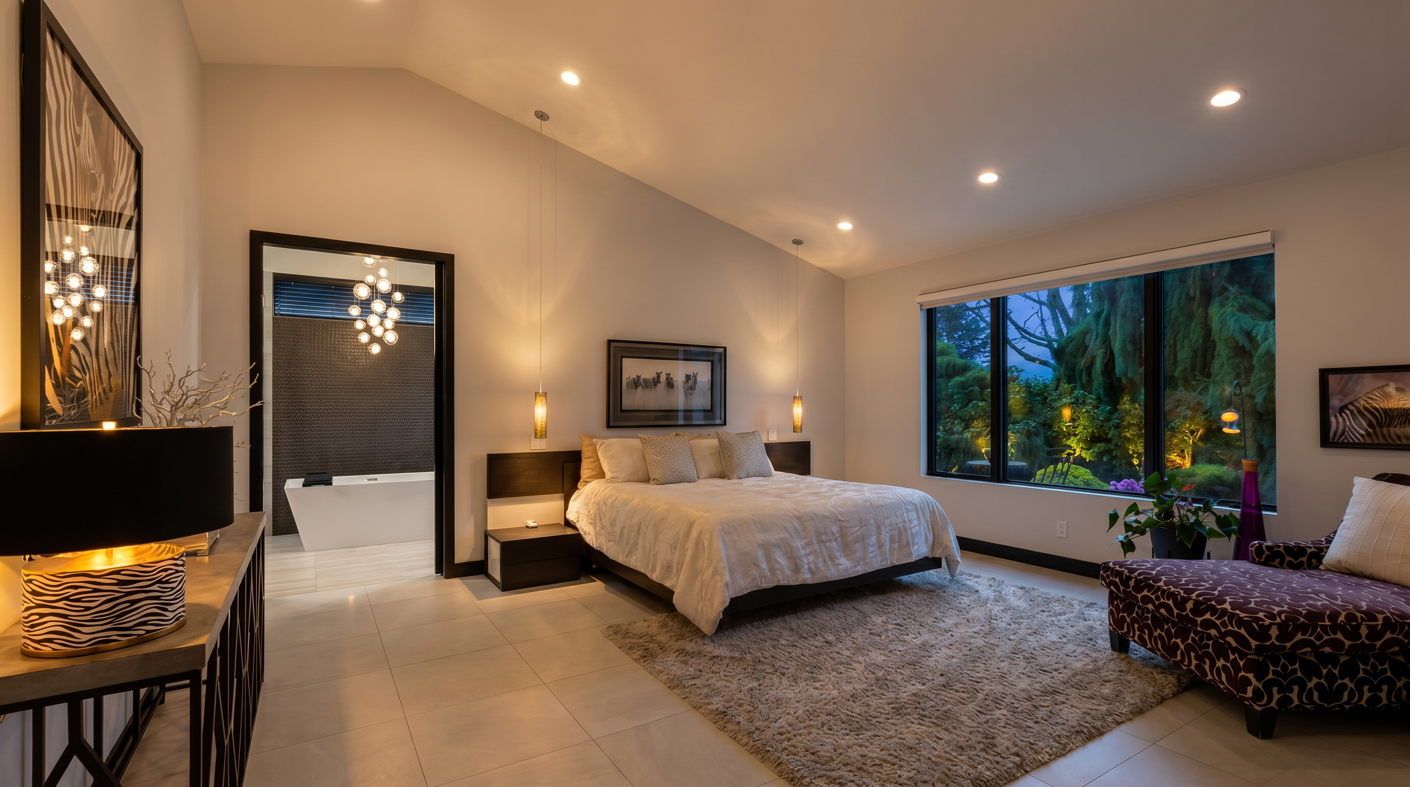 This spacious primary bedroom features a high vaulted ceiling, sleek white walls, and large windows that provide a serene view of the lush greenery outside. The room is elegantly furnished with a central bed, a patterned chaise lounge, and a modern console table, all anchored by a large area rug on the tiled floor. A doorway leads directly into a contemporary bathroom, creating a seamless and luxurious flow between the sleeping and bathing areas.