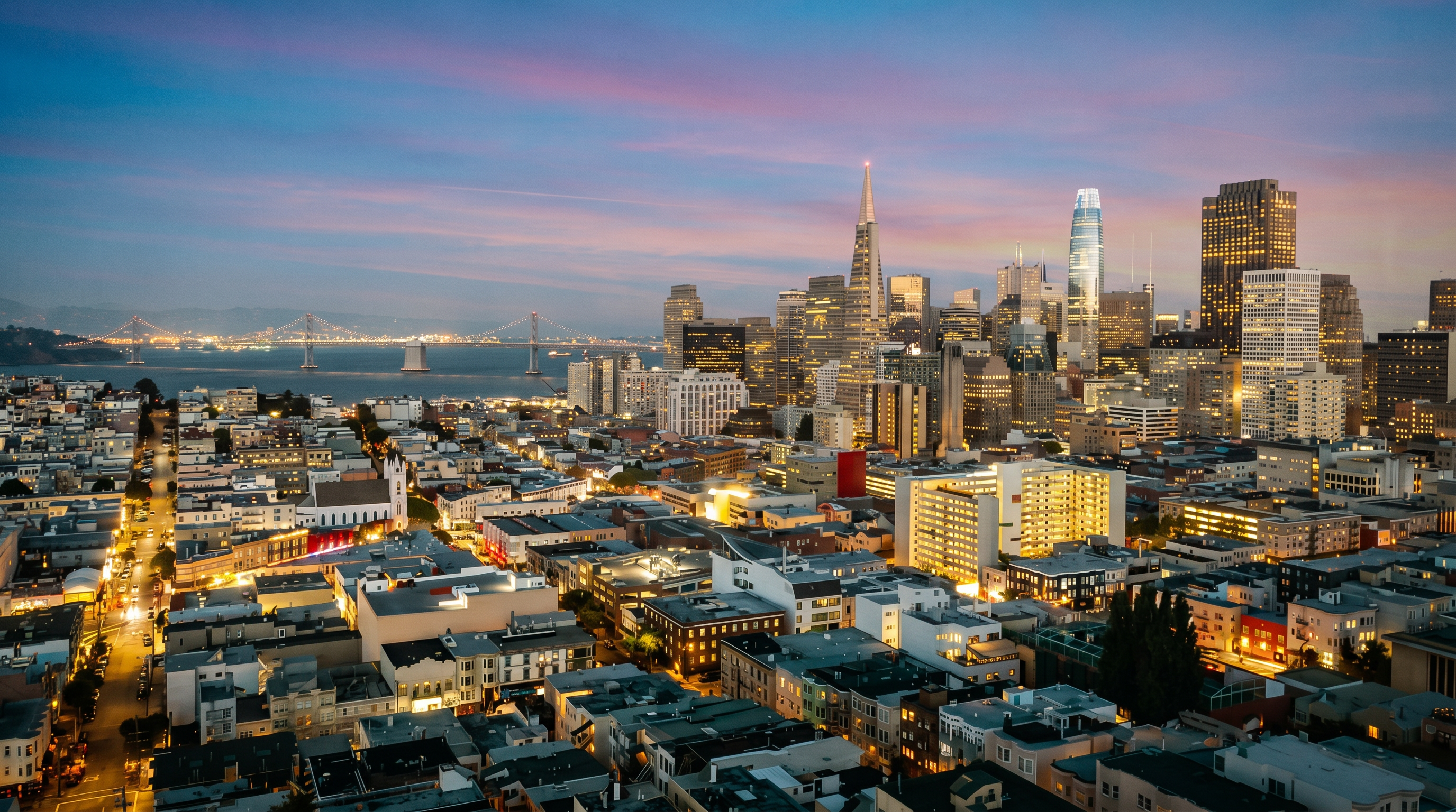 This high-angle aerial view captures a sprawling cityscape at dusk, showcasing a dense urban neighborhood in the foreground that transitions into a prominent skyline of skyscrapers. The scene is bathed in the soft, warm hues of a sunset, with the San Francisco Bay and the Bay Bridge visible in the distance. The perspective provides a comprehensive look at the city's architectural density and its relationship with the surrounding waterfront.