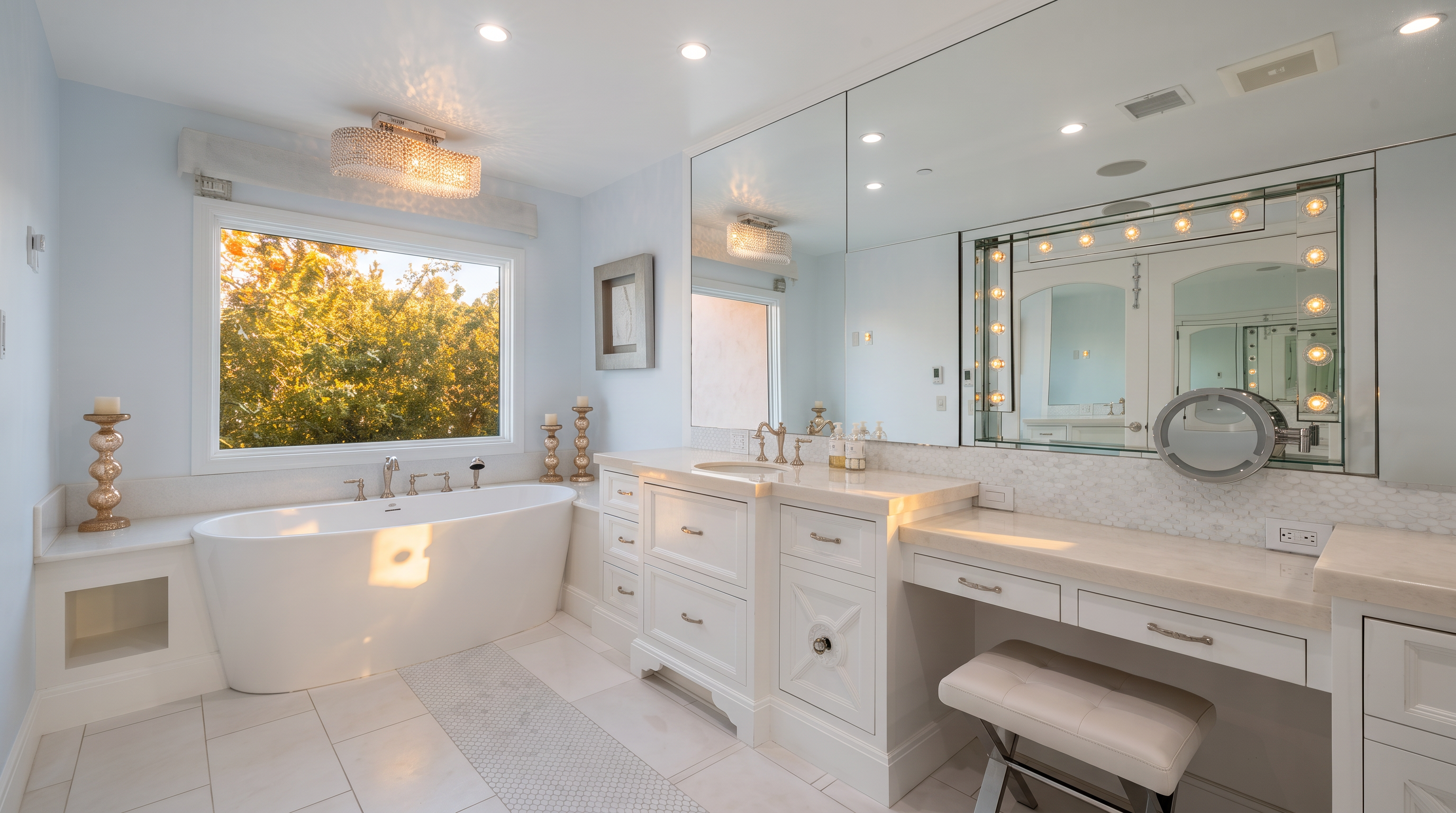 This bright and elegant primary bathroom features a freestanding soaking tub positioned beneath a large window, complemented by a double vanity with a built-in makeup station. The space is finished with light-toned cabinetry, stone countertops, and a large wall-to-wall mirror that enhances the airy, open feel. A neutral color palette and polished fixtures contribute to a sophisticated and tranquil atmosphere.