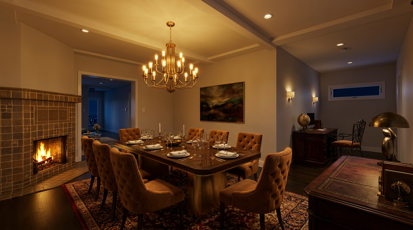 This sophisticated dining room features a grand, formal table with luxurious tufted chairs and a stunning brass chandelier as its centerpiece. A cozy fireplace with stone detailing anchors the room, while an adjoining integrated study area showcases a rich, traditional aesthetic. The space is warm and inviting, perfectly blending elegance with comfort for high-end entertaining and professional work.