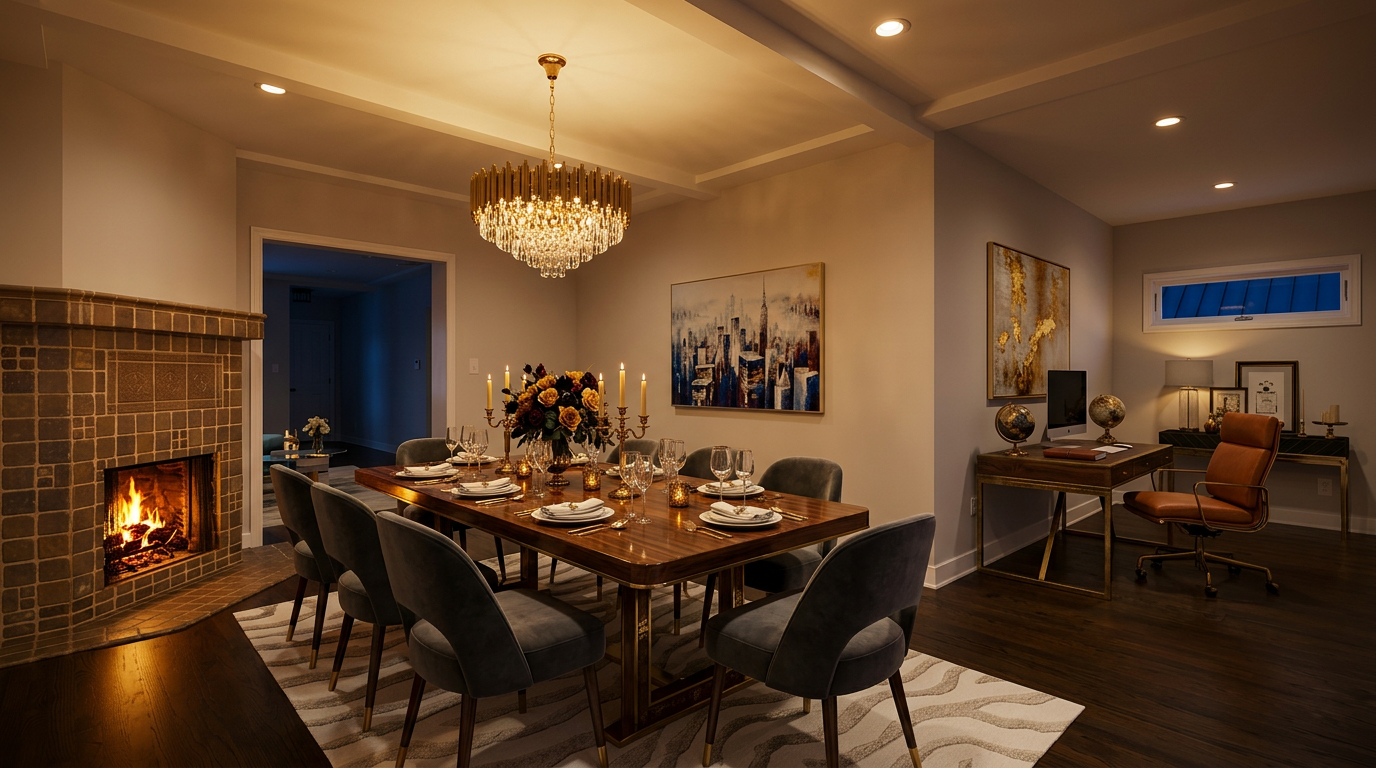 This sophisticated, multi-functional room features a formal dining area combined with an integrated home office space. The dining section is anchored by an elegant chandelier over a rich wood table with upholstered chairs, set beside a cozy stone-surround fireplace. The adjacent office nook includes a sleek desk and a leather chair, all united by refined contemporary decor and warm, recessed ambient lighting.