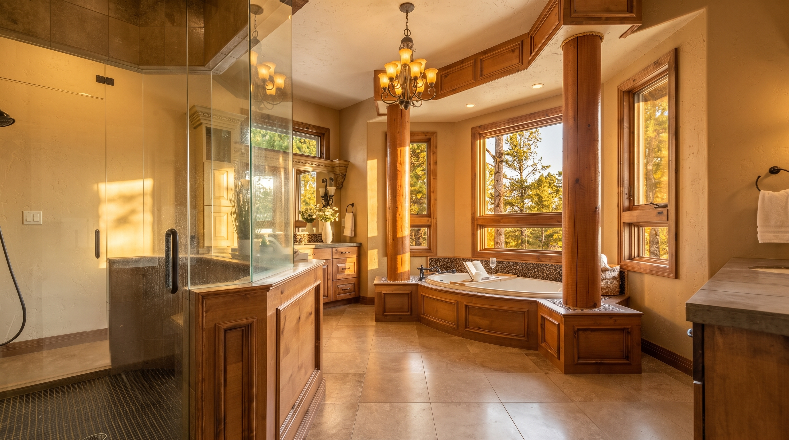 This spacious primary bathroom features a luxurious soaking tub nestled in a bay window alcove, framed by two prominent wooden columns and a decorative chandelier. To the left, a large glass-enclosed shower with dark tile flooring provides a modern contrast to the warm wood cabinetry and neutral stone floor tiles. The room is bathed in natural light, creating an inviting and serene atmosphere with a view of the surrounding trees.