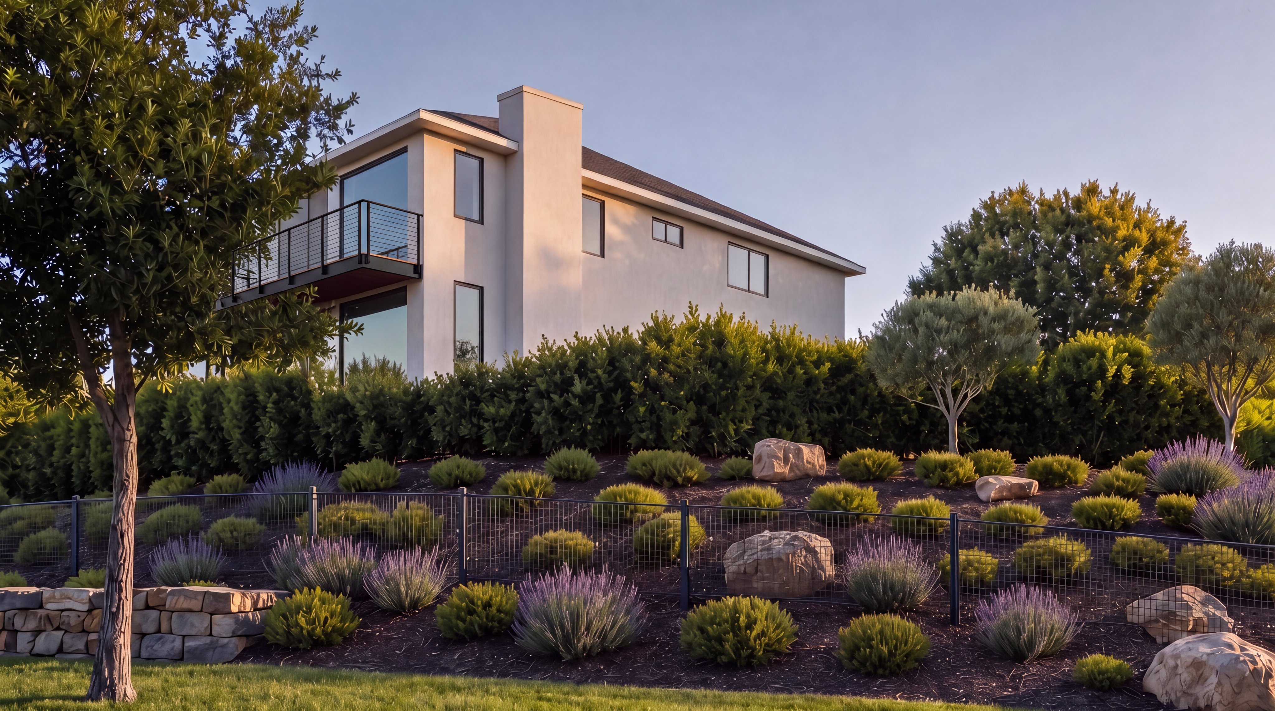 This modern hillside residence features a light-colored stucco exterior with balanced geometric lines and a prominent brick chimney. A spacious wooden balcony creates a striking architectural focal point, overlooking a meticulously landscaped yard with a tiered garden containing native shrubs, lavender, and decorative stone boulders. The property's clean design and carefully curated exterior greenery offer a sophisticated and tranquil curb appeal.