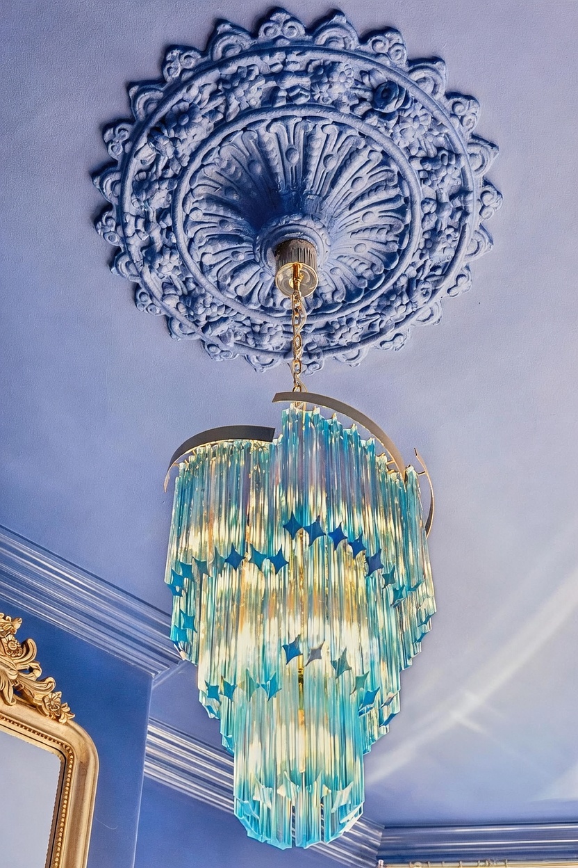 This image captures a striking, multi-tiered chandelier featuring cascading blue glass rods that create a dramatic, light-catching effect. The fixture is suspended from a highly detailed, ornate circular ceiling medallion, both of which are painted in a matching monochromatic blue tone. A glimpse of a gold-framed mirror is visible in the lower left corner, adding to the opulent and artistic aesthetic of the room.