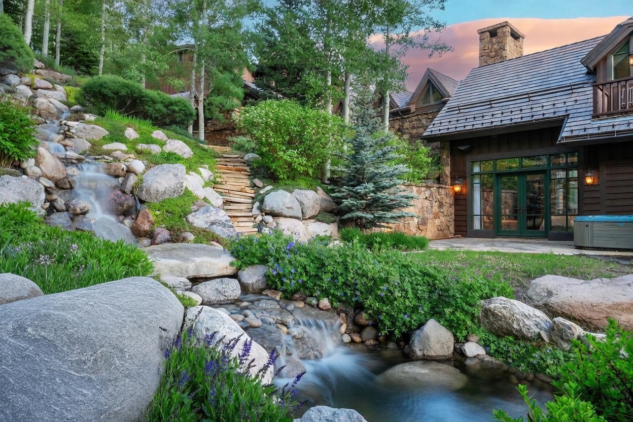 This picturesque backyard features a tiered stone landscape with a cascading waterfall flowing into a small pond. A stone staircase winds up the hillside, surrounded by lush greenery, vibrant purple flowers, and mature trees. To the right, a rustic home with dark wood siding and a stone chimney provides a cozy backdrop, complete with a patio area and a spa.