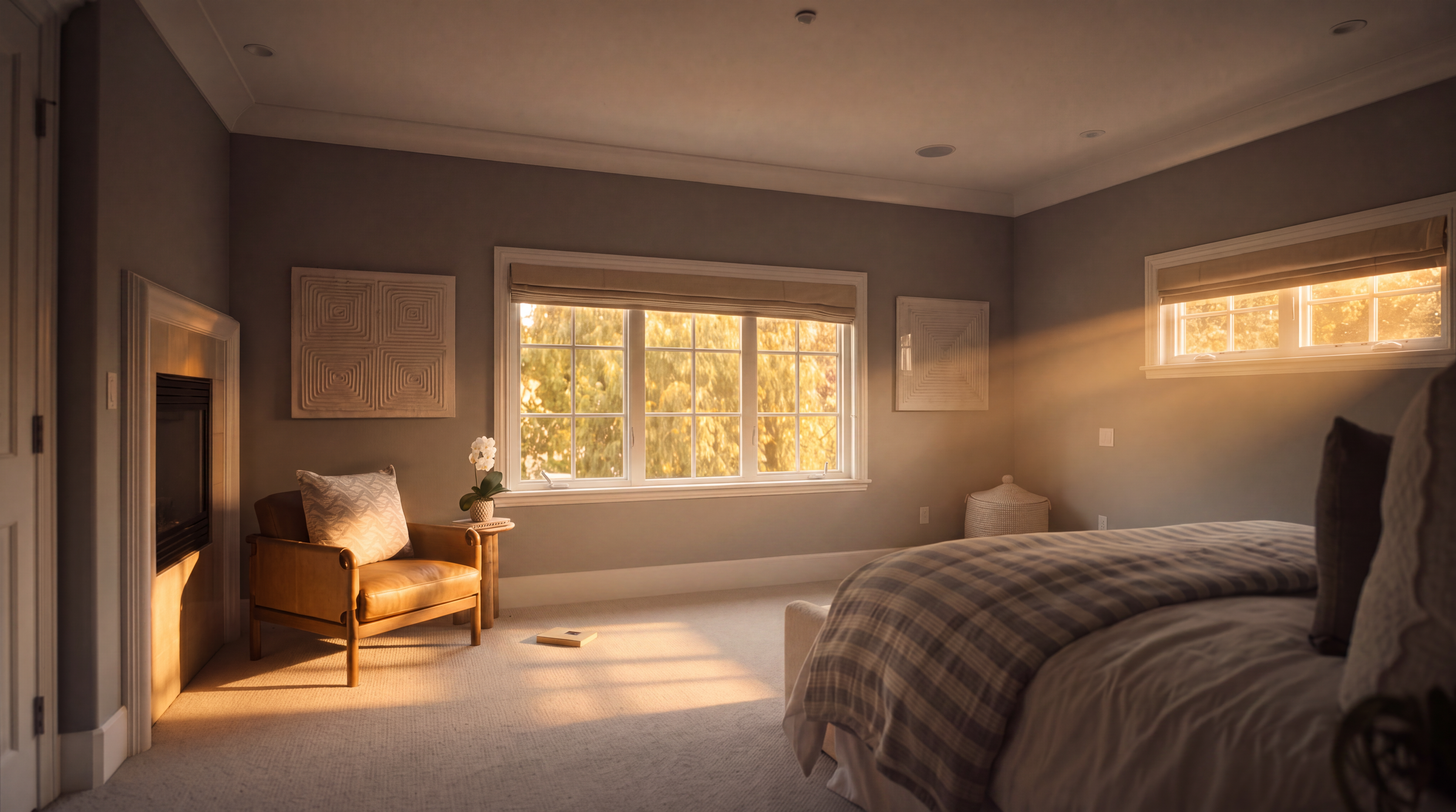 This tranquil primary bedroom features a calming color palette of soft greys and creams, complete with a cozy fireplace and a comfortable leather accent chair. A plush bed dressed in layered bedding serves as the focal point, accented by a serene bird print and elegant, minimal decor. Large windows fill the space with natural light, creating an airy and sophisticated retreat.
