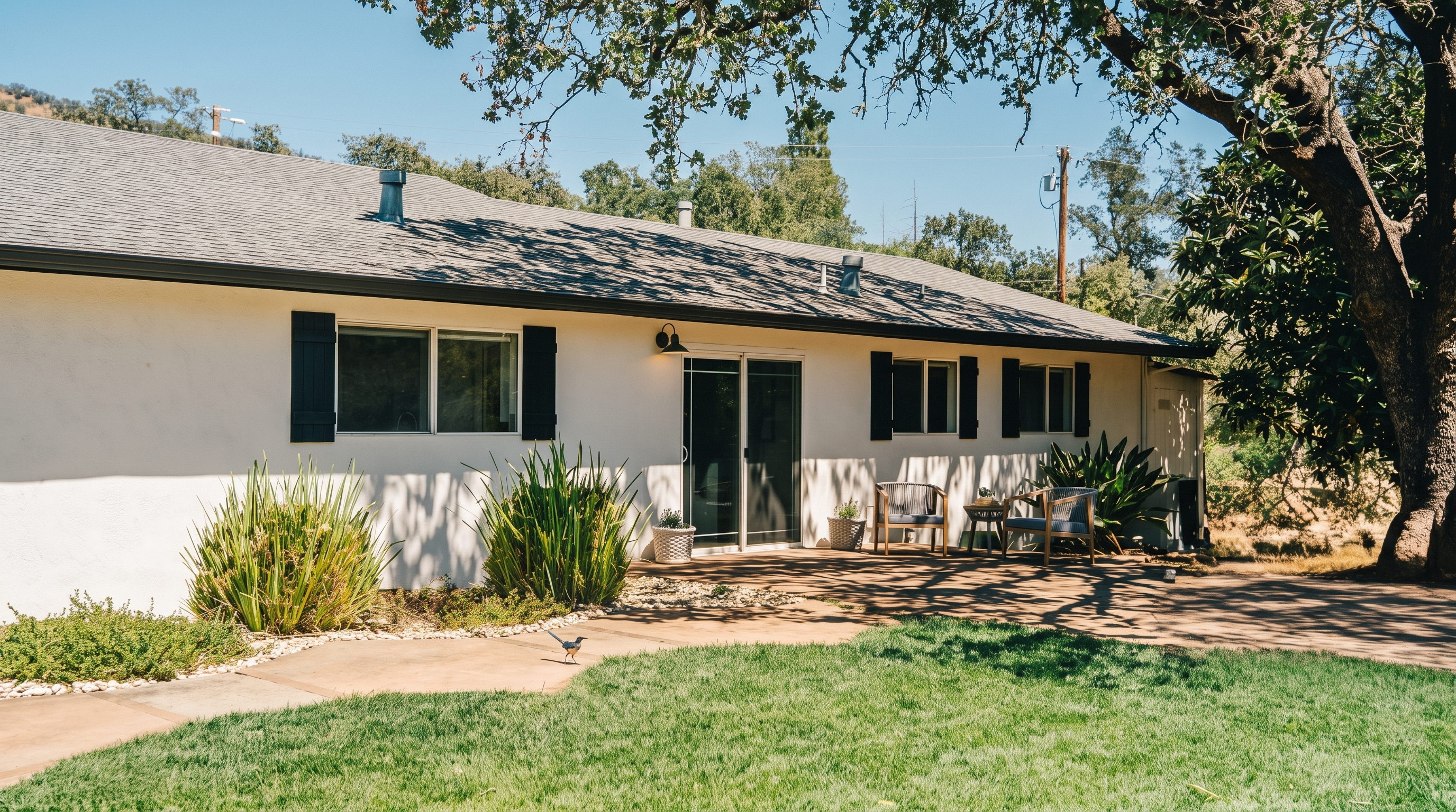 This rear exterior view showcases a single-story home with a light-colored stucco facade, dark shutters, and a gray shingled roof. A concrete patio area provides space for outdoor seating, complemented by mature landscaping and a large, leafy tree providing shade. The scene is captured from a ground-level perspective, highlighting the transition between the home's living space and the grassy backyard.