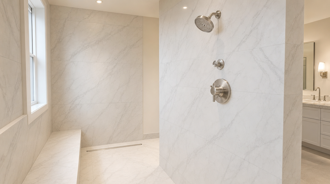 This image shows a bathroom shower stall under construction, featuring moisture-resistant backer board installed on the walls. The plumbing fixtures, including the shower head connection and control valves, are roughed in and ready for final tile installation and finishing touches. The space includes a built-in bench, suggesting a custom walk-in shower design common in modern primary bath renovations.
