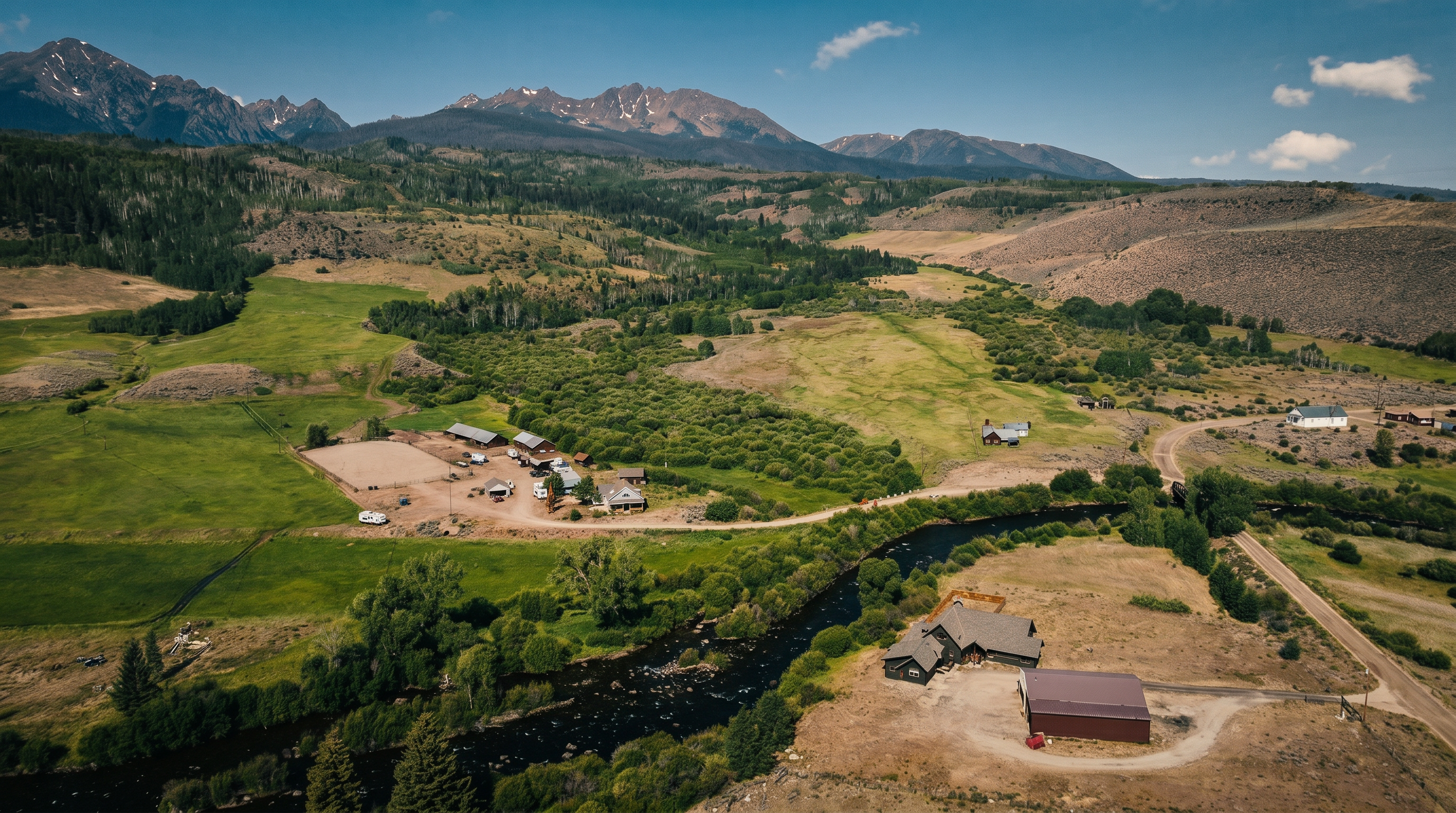 This expansive aerial view captures a sprawling rural property nestled in a lush valley beneath a dramatic mountain range. The landscape features a winding river, open green pastures, and a cluster of farm buildings, with a primary residence and a large detached garage situated in the foreground. The scene conveys a sense of seclusion and natural beauty, highlighting the vast acreage and scenic topography of the estate.