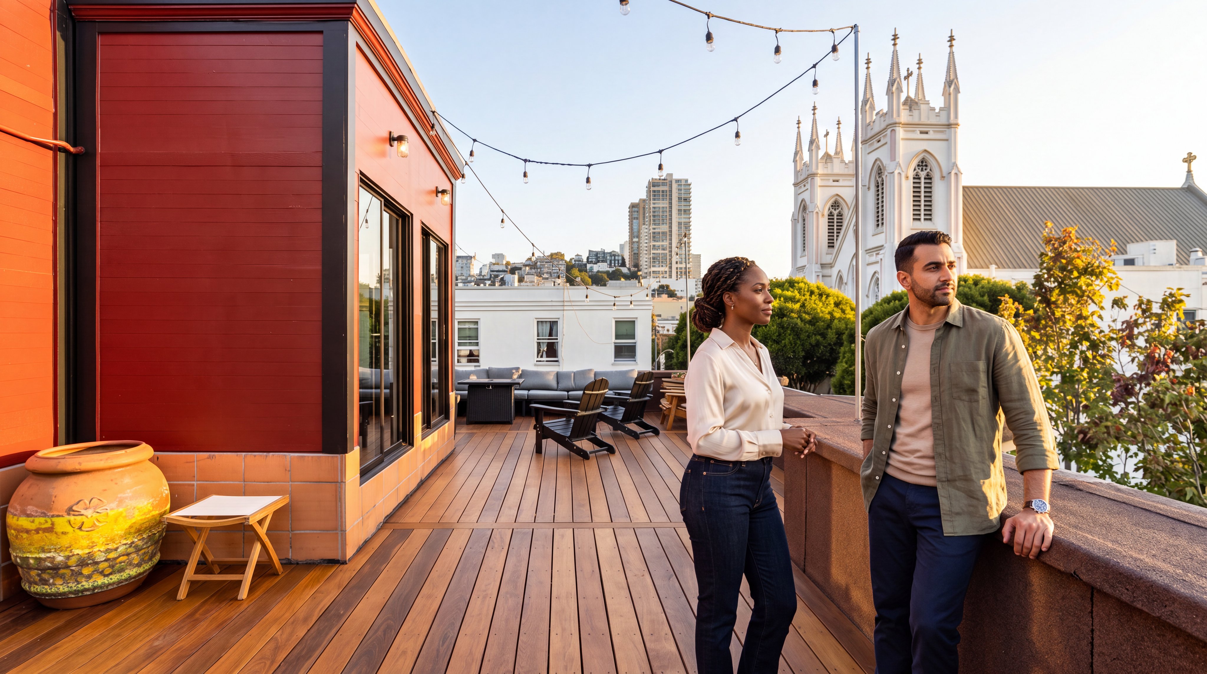 This spacious and well-appointed rooftop terrace offers a stunning urban backdrop, highlighted by architectural views of a historic church and cityscape. The deck features high-quality wood plank flooring, modern outdoor seating including Adirondack chairs and a lounge set, and atmospheric string lighting, creating an ideal space for entertaining. An eye-catching decorative ceramic pot adds a touch of character to this sophisticated city retreat.