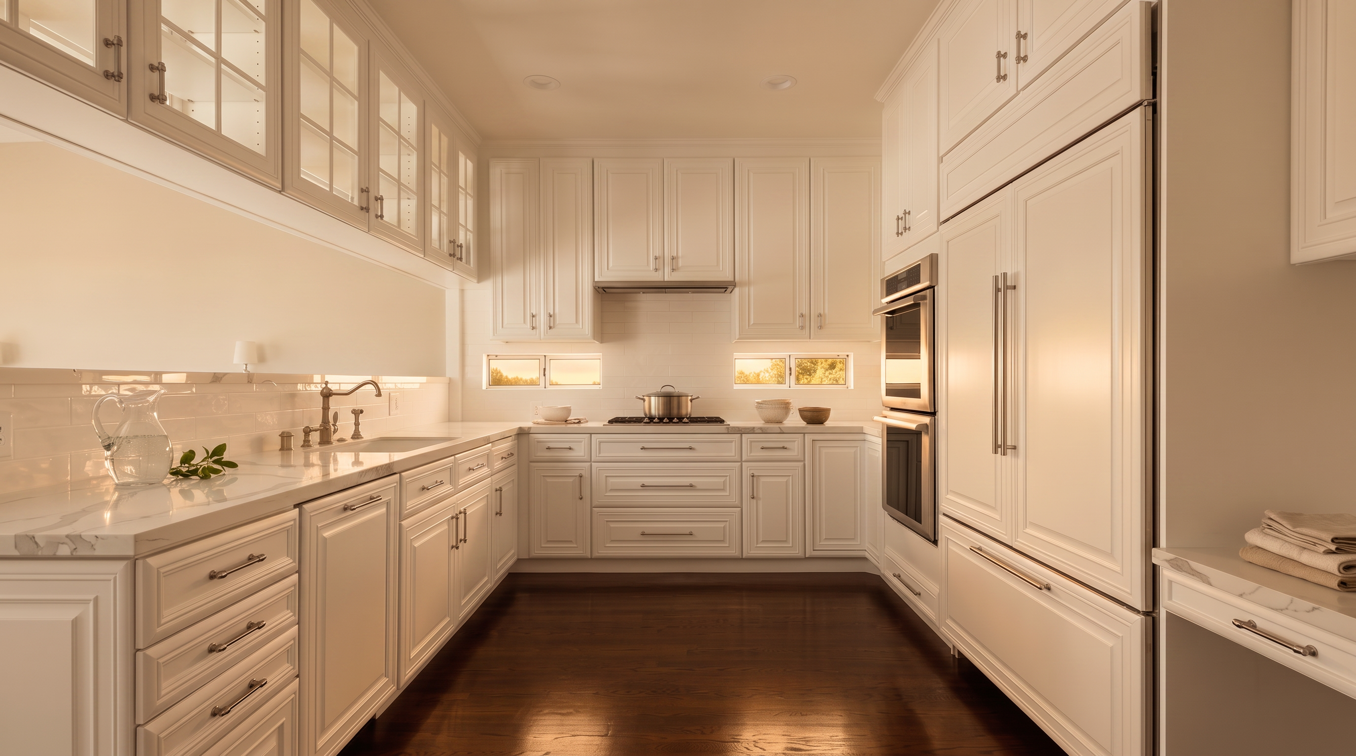 This elegant, classic kitchen features bright white cabinetry and high-end stainless steel appliances, including a double wall oven and an integrated refrigerator. The space is anchored by warm hardwood floors and complemented by clean white subway tile backsplashes and marble-like quartz countertops. With its bright, airy atmosphere and balanced layout, this kitchen provides a timeless and functional design ideal for both cooking and entertaining.
