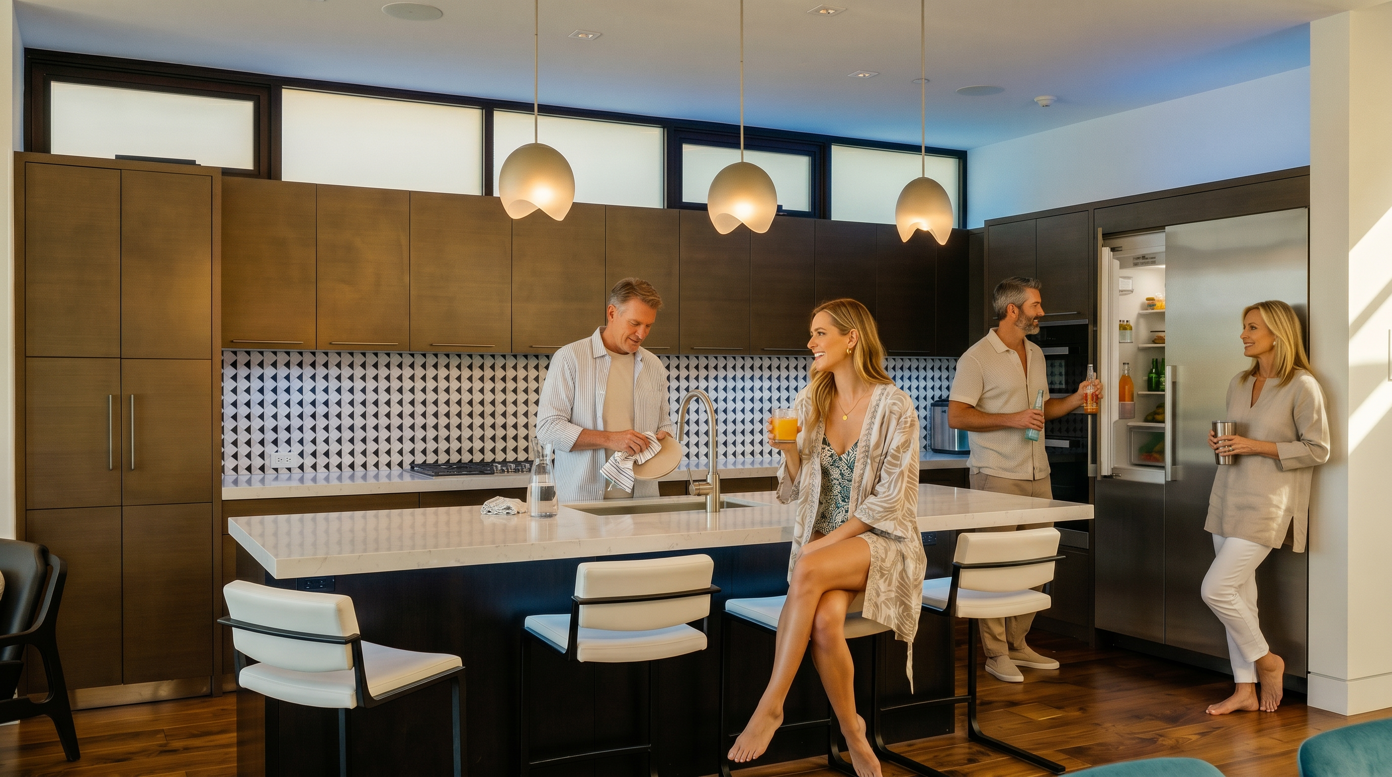 This modern kitchen features a large central island with bar seating, dark cabinetry, and a distinctive geometric patterned backsplash. Three pendant lights hang above the island, while recessed lighting and blue accent lighting above the upper cabinets provide a contemporary atmosphere. The space is equipped with stainless steel appliances, including a built-in oven and a large refrigerator, all set against a backdrop of rich wood flooring.