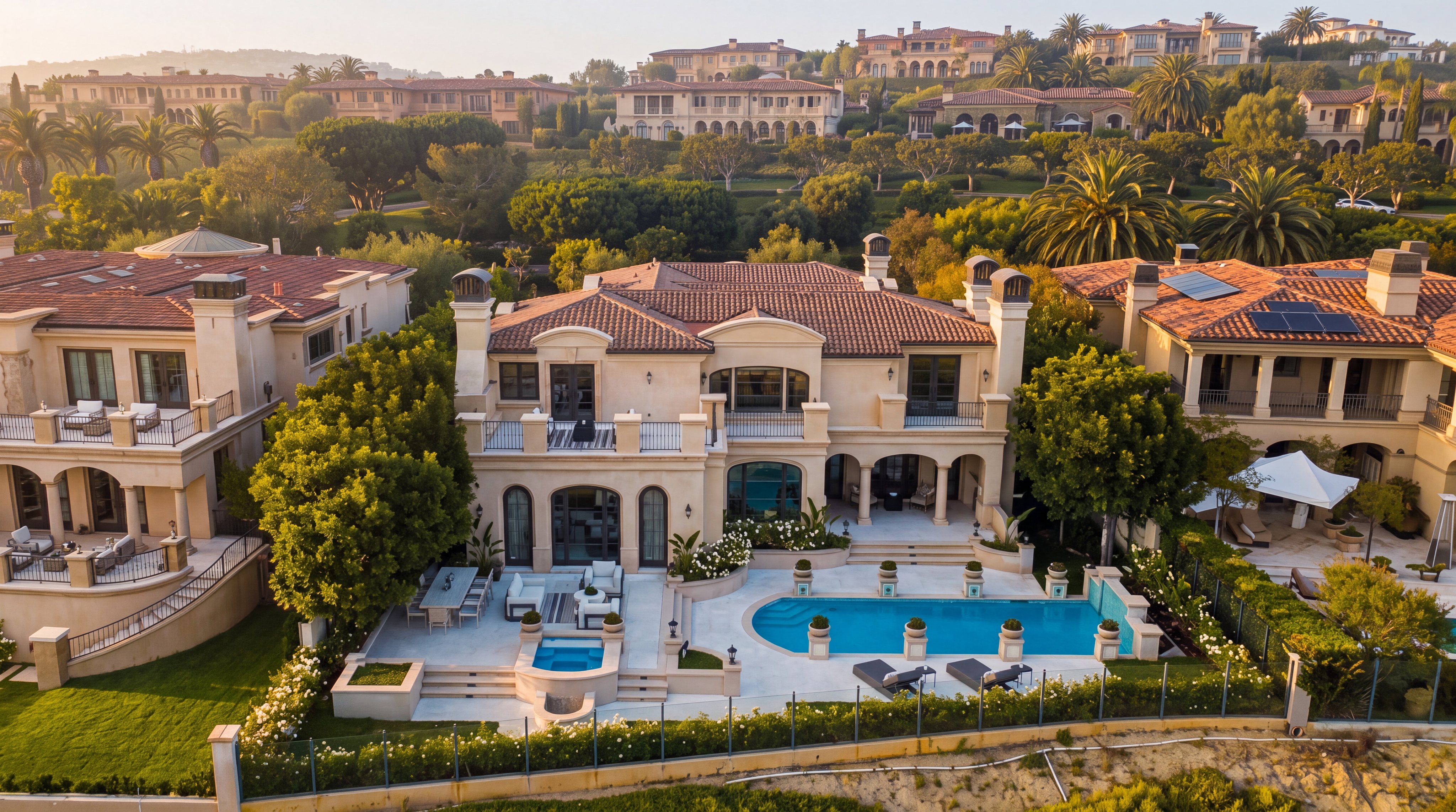 This high-angle aerial perspective captures a luxurious Mediterranean-style estate featuring a multi-level residence with a terracotta tile roof. The property includes a private swimming pool and spa set within a landscaped backyard, surrounded by lush greenery and neighboring upscale homes. The expansive view highlights the architectural symmetry of the house and its integration into a well-manicured suburban hillside community.
