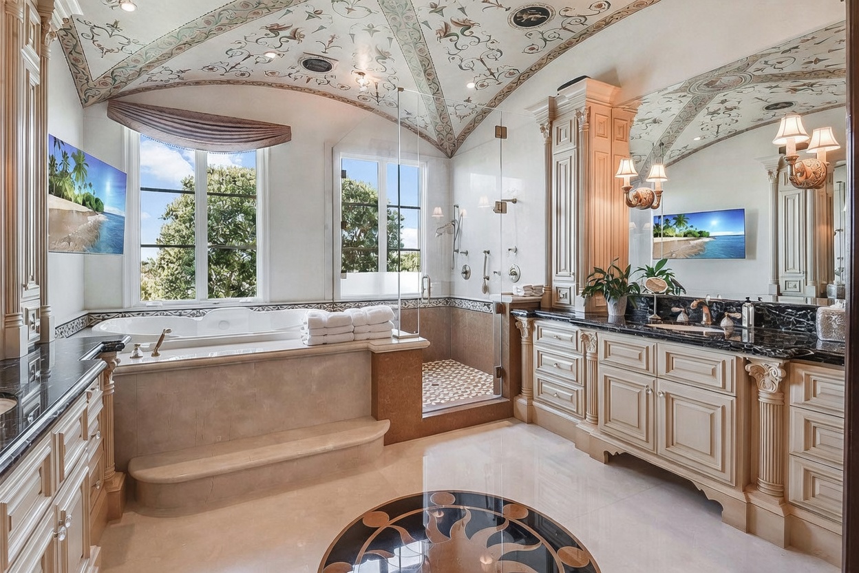 This luxurious primary bathroom features an ornate vaulted ceiling with intricate painted detailing and a central soaking tub positioned beneath large windows. A glass-enclosed walk-in shower sits adjacent to the tub, while a dual-sink vanity with dark stone countertops and light-toned cabinetry provides ample storage. The space is finished with polished light-colored flooring and a decorative circular inlay, creating an elegant and sophisticated atmosphere.