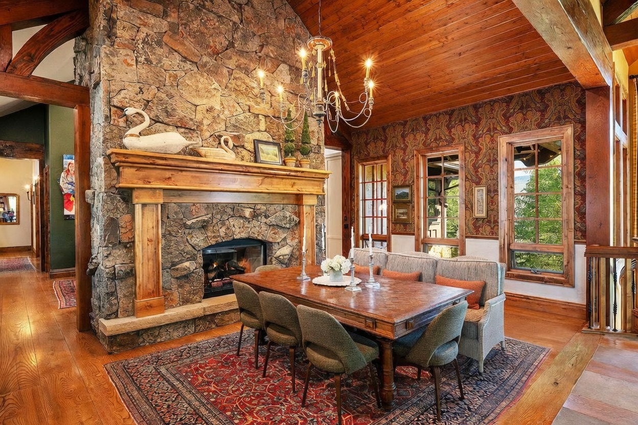 This elegant dining room features a large wooden table surrounded by upholstered chairs and a bench, set atop a vibrant patterned area rug. A prominent stone-clad chimney breast serves as the focal point, complete with a wooden mantel and decorative swan figurines. The space is defined by warm wood-paneled ceilings, intricate patterned wallpaper, and tall windows that invite natural light into the room.