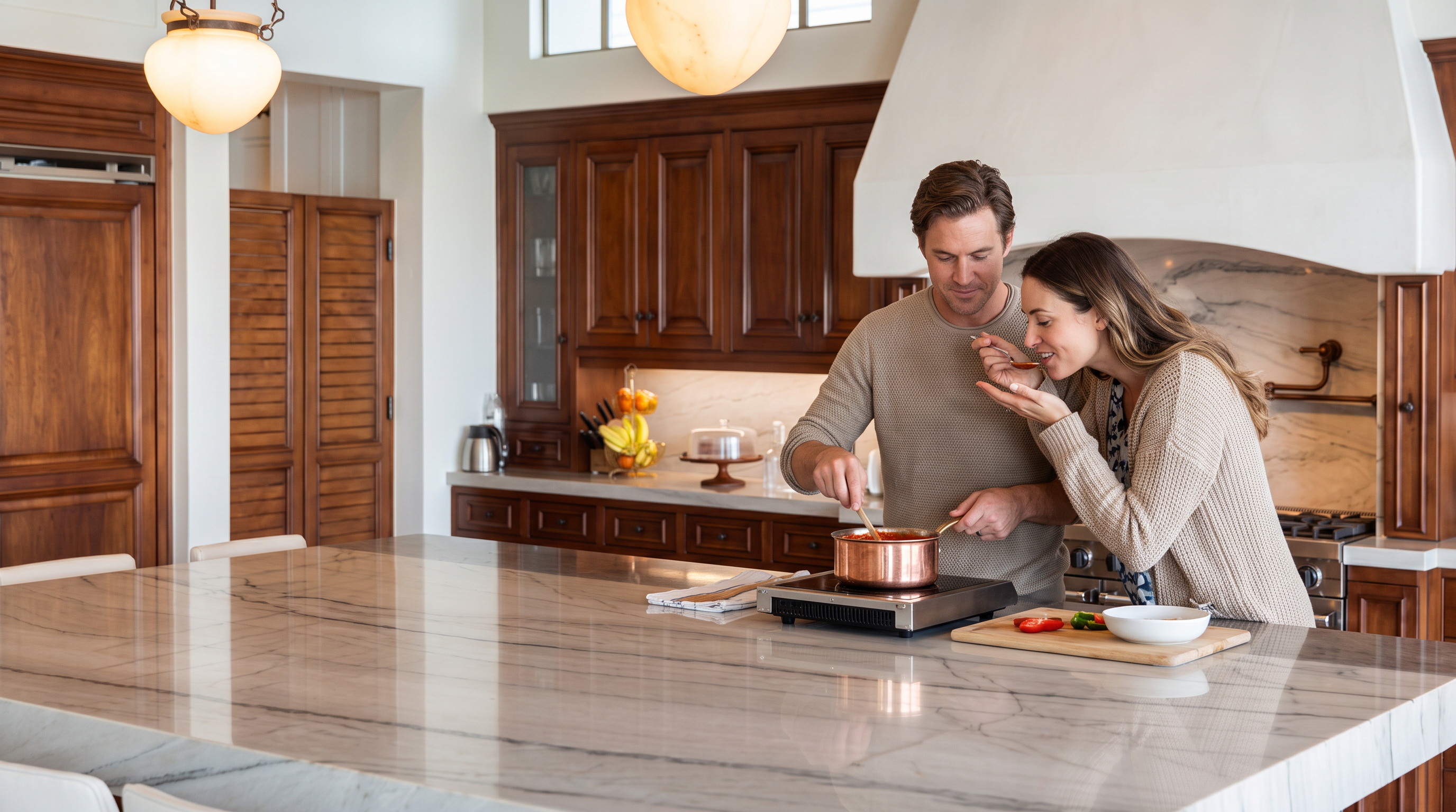 This stunning custom kitchen features rich, dark wood cabinetry paired with elegant marble countertops and a large, expansive center island, creating a sophisticated and warm atmosphere. A professional-grade gas range is positioned under a decorative white hood, complemented by high-end pendant lighting and a spacious, functional layout. The design is a perfect blend of luxury and intimate comfort, making it an ideal focal point for a high-end residential property.
