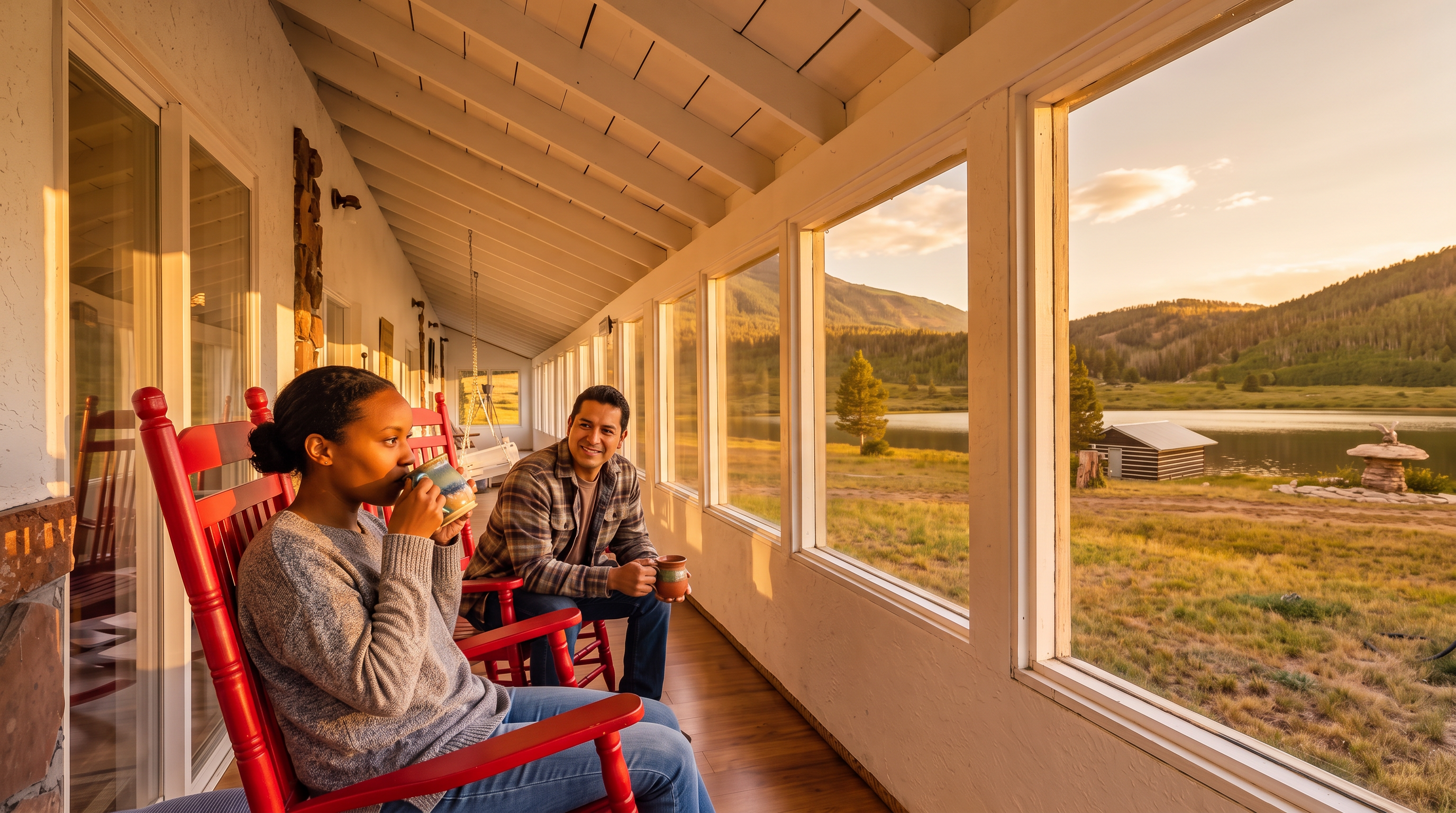 This bright and inviting sunroom features a wall of large, floor-to-ceiling windows that provide panoramic views of a tranquil lake and mountainous landscape. The space is furnished with classic red rocking chairs on polished wood flooring, creating a cozy and relaxing atmosphere. The room's high, beamed white ceiling adds to the airy, open feel, making it an ideal spot for peaceful leisure or morning coffee.