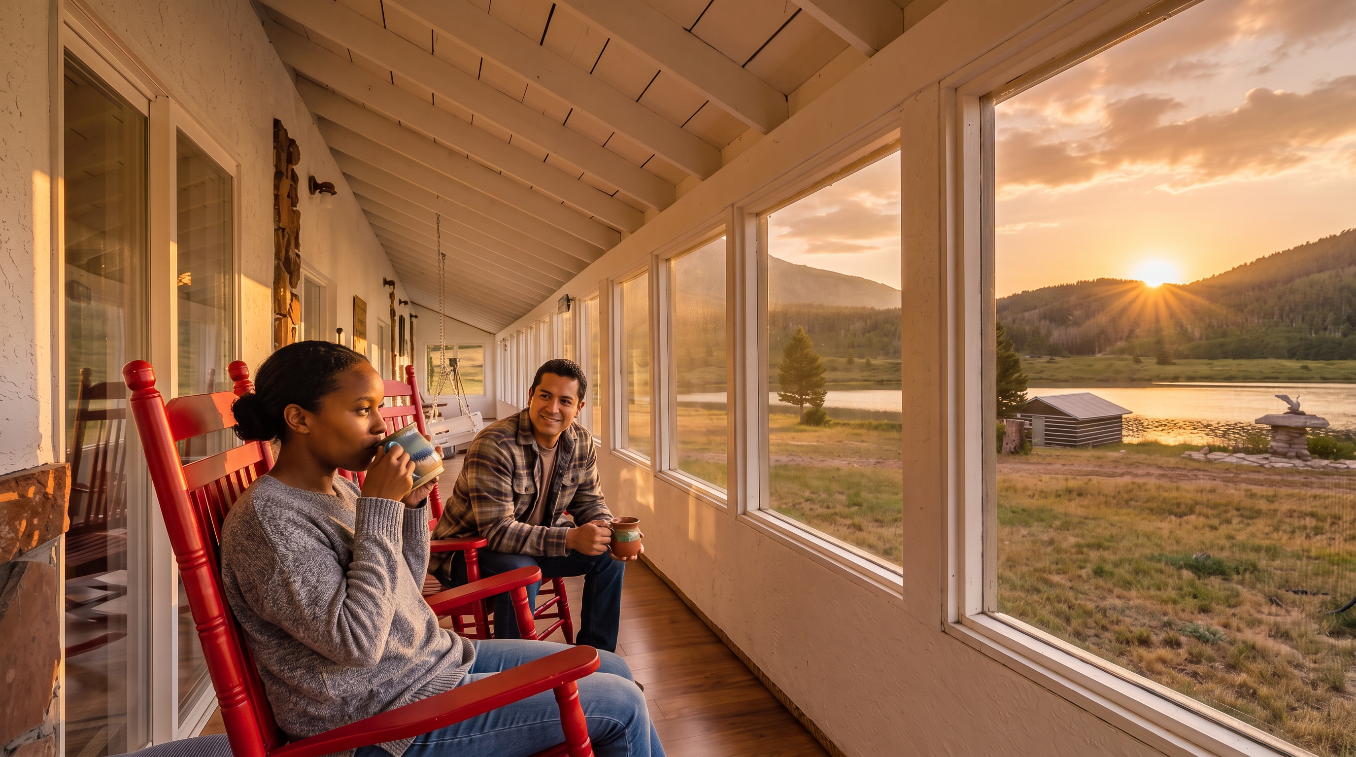 This serene, enclosed sunroom features a long row of large windows that offer panoramic views of a tranquil lake and sunset landscape. The space is furnished with classic red rocking chairs and warm wood flooring, creating a cozy and inviting atmosphere. It serves as an ideal retreat for relaxation while enjoying the scenic outdoor surroundings.
