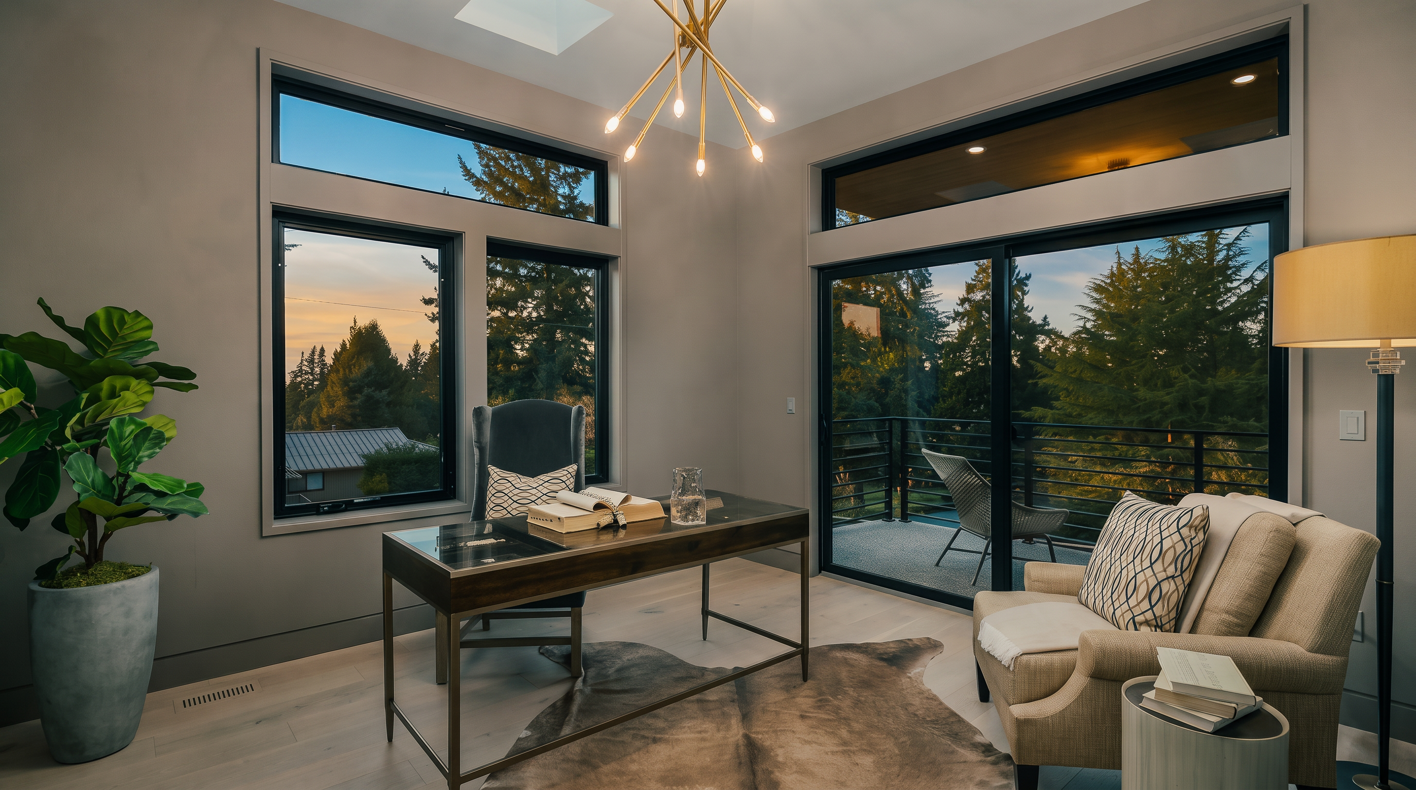 This bright and modern home office features light wood flooring, a sleek metal-framed desk, and a comfortable armchair with a patterned throw pillow. Large windows and a sliding glass door provide abundant natural light and views of the surrounding trees, while a contemporary gold-toned chandelier serves as a striking focal point. The room is accented by a large potted plant and a cowhide rug, creating a sophisticated and inviting workspace.